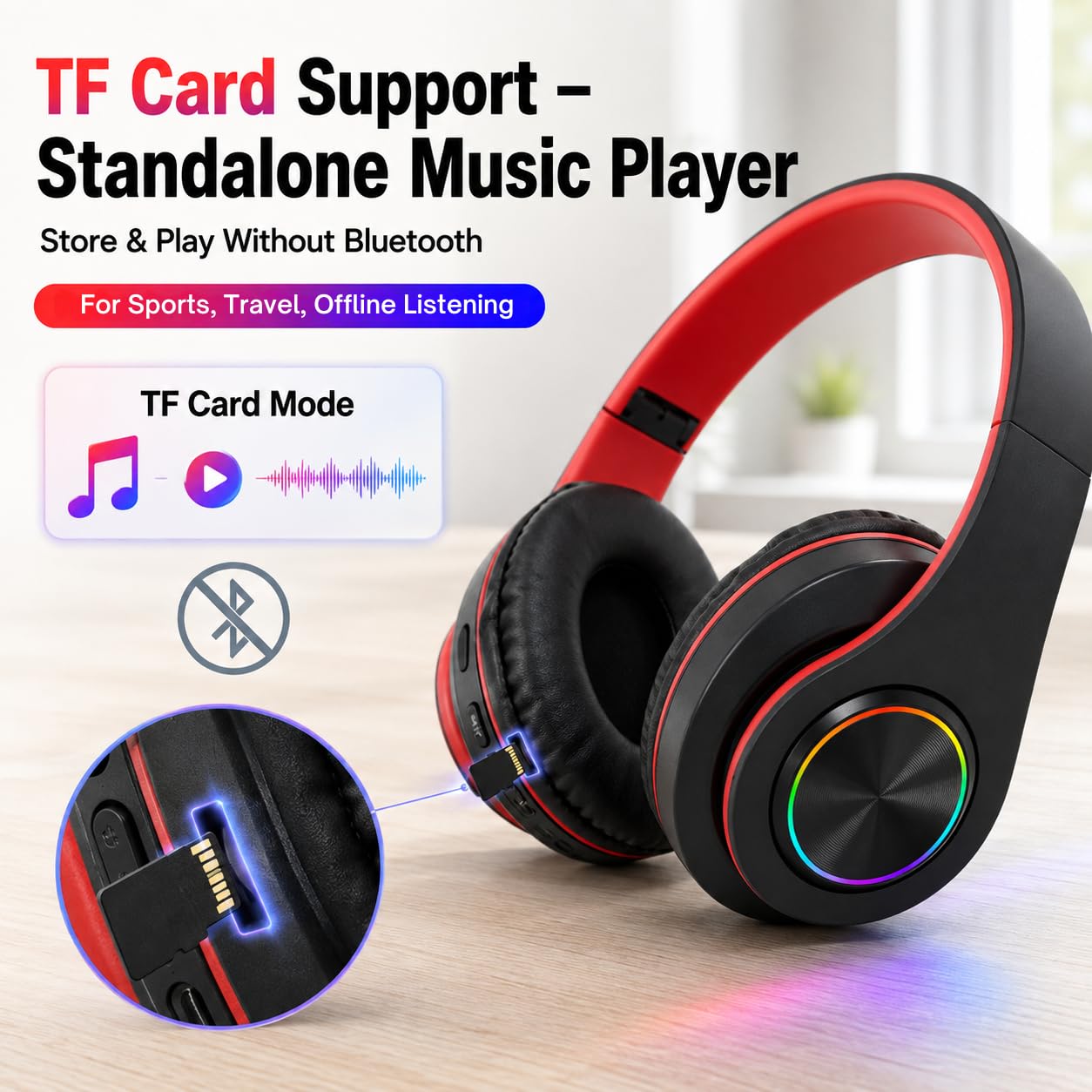TICFOX Cuffie Bluetooth RGB Pieghevoli Nero-Rosso