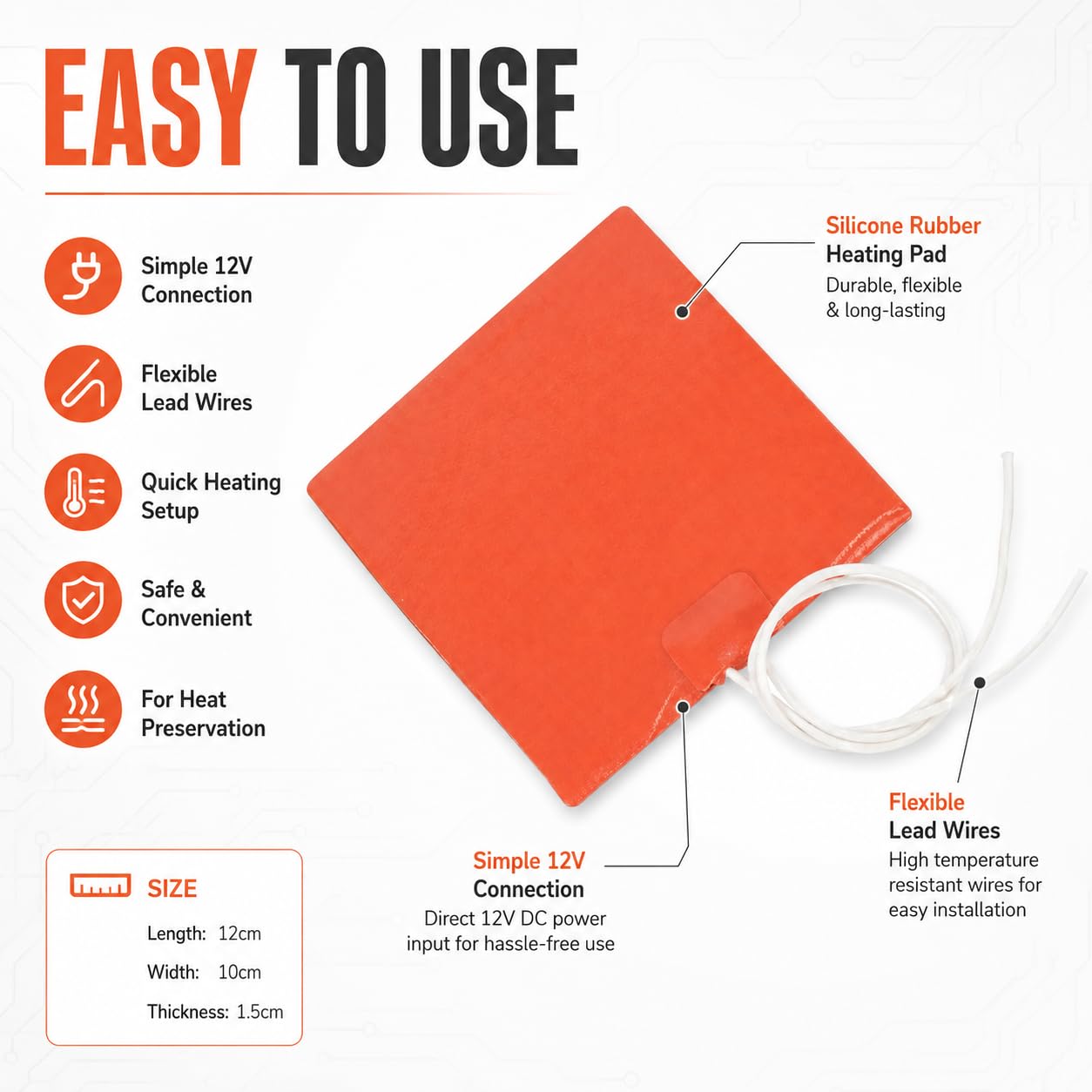 TICFOX Piastra Riscaldante Silicone 100x120mm 12V 12W 60°C