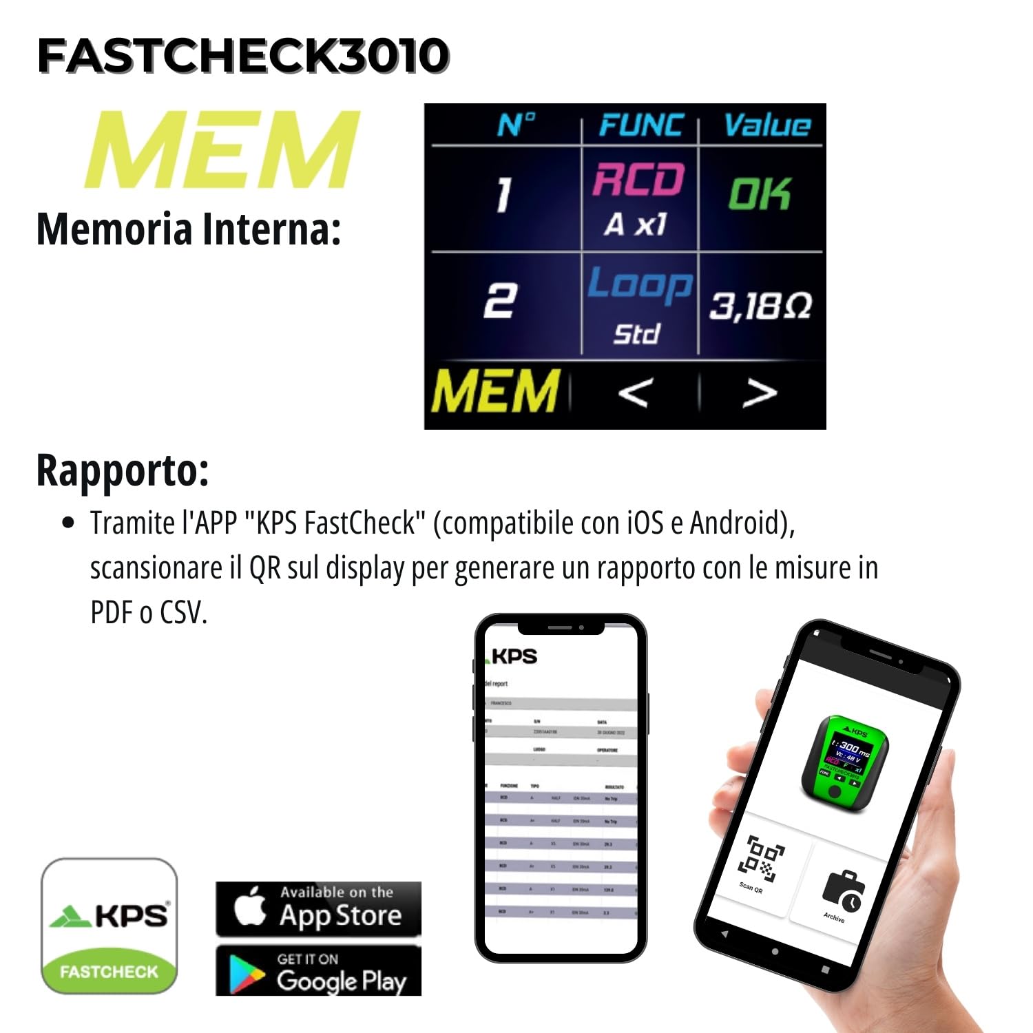 KPS FASTCHECK3010 Tester Multifunzione RCD Loop Prese App