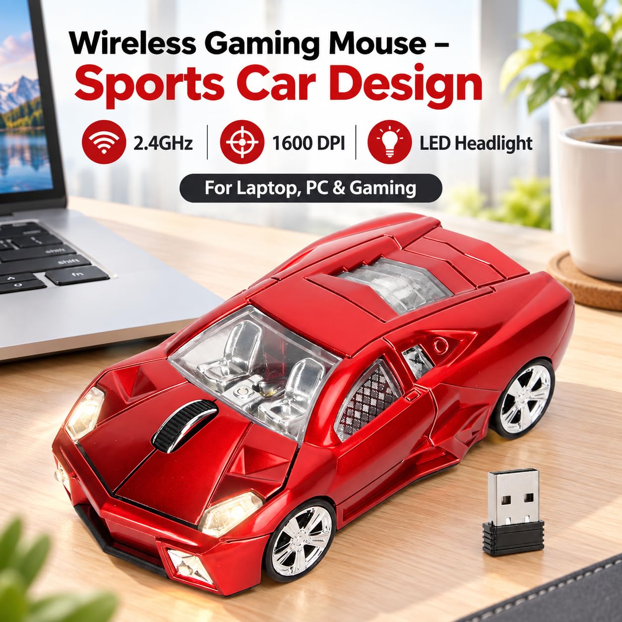 Ticfox mouse wireless auto sportiva rosso 1600 DPI