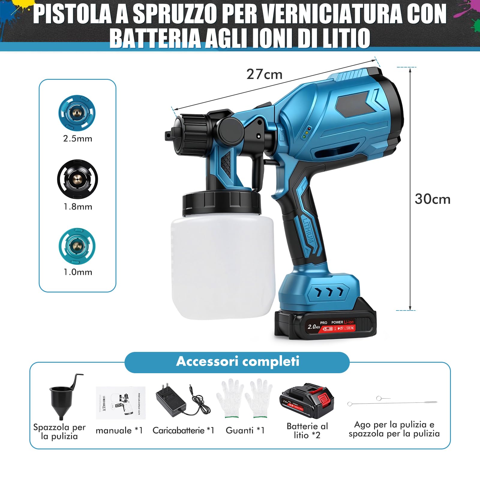 TICFOX Pistola a Spruzzo Batteria 1000 ml 3 Ugelli HVLP