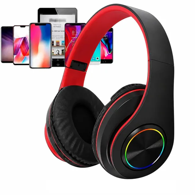 TICFOX Cuffie Bluetooth RGB Pieghevoli Nero-Rosso