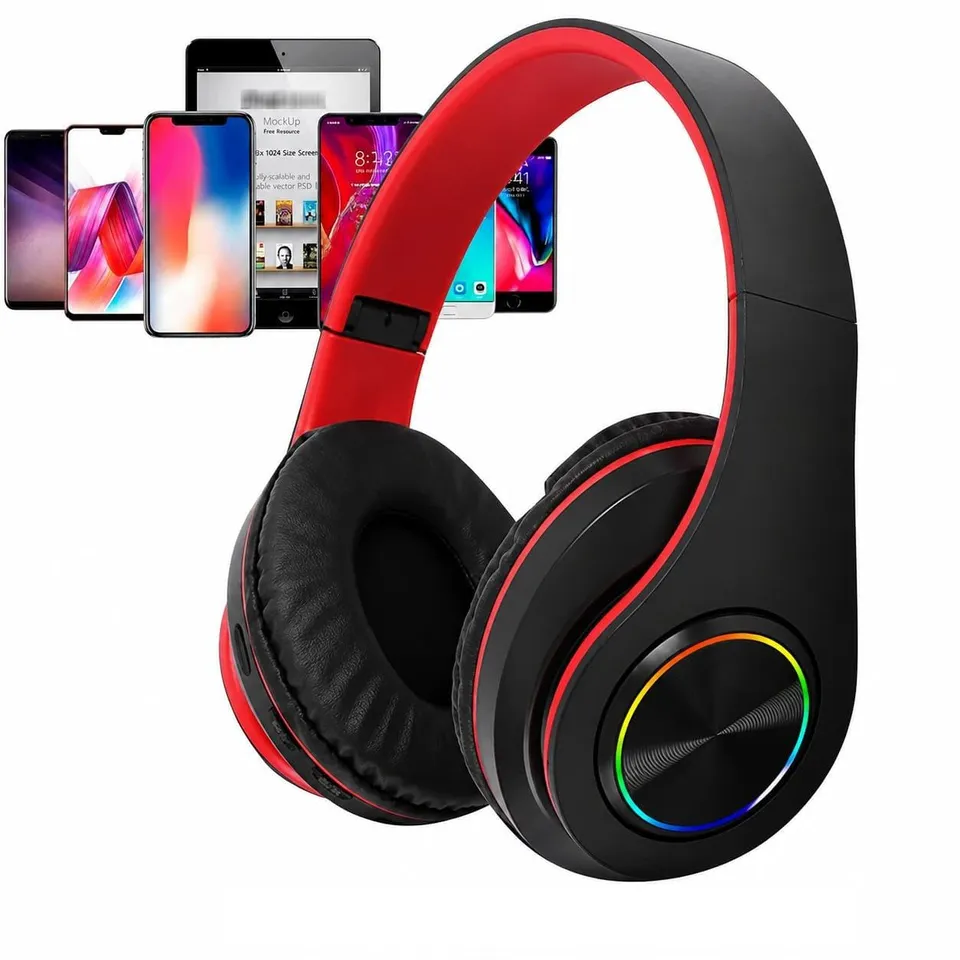 TICFOX Cuffie Bluetooth RGB Pieghevoli Nero-Rosso