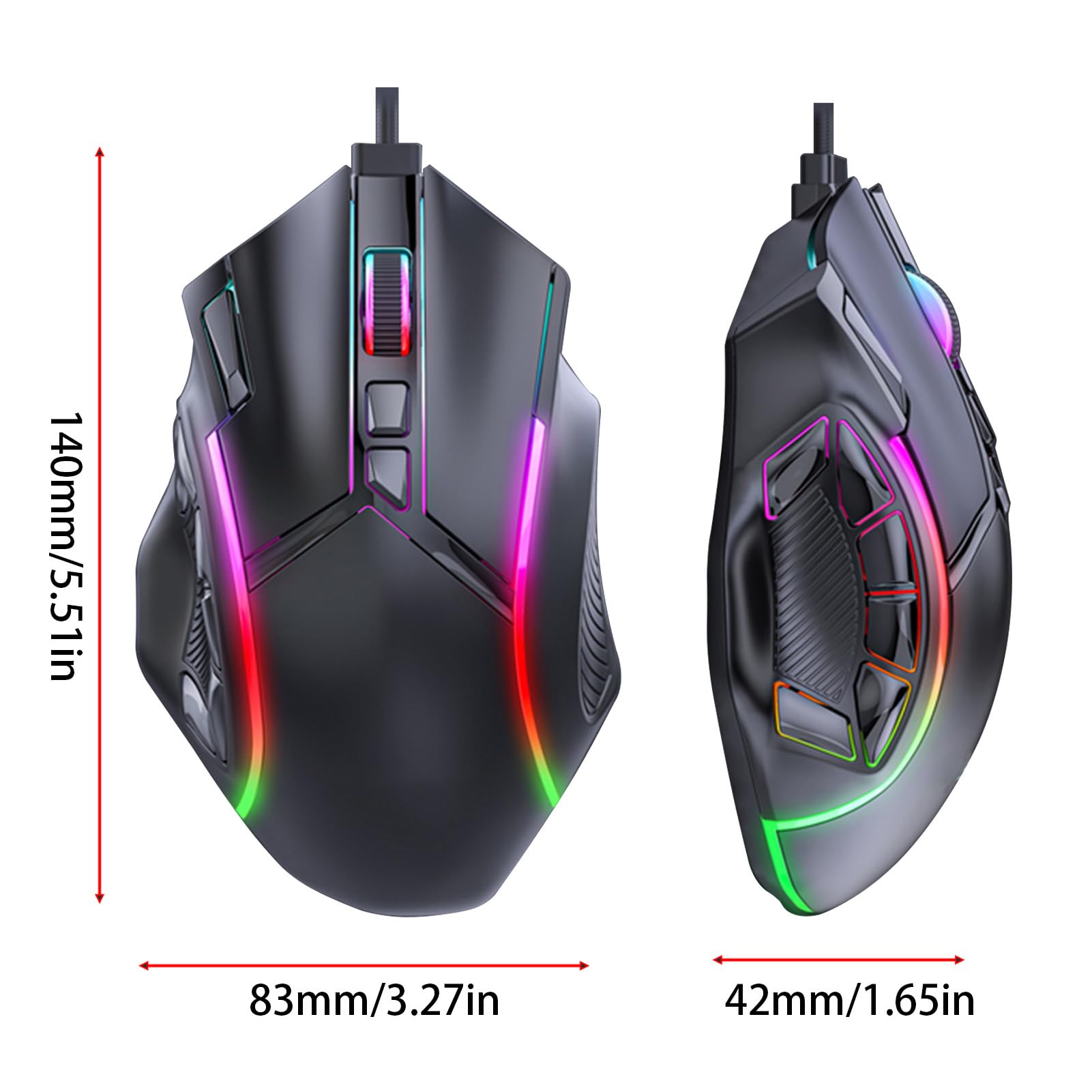 TICFOX Mouse Gaming Cablato RGB Nero 12800 DPI 13 Tasti