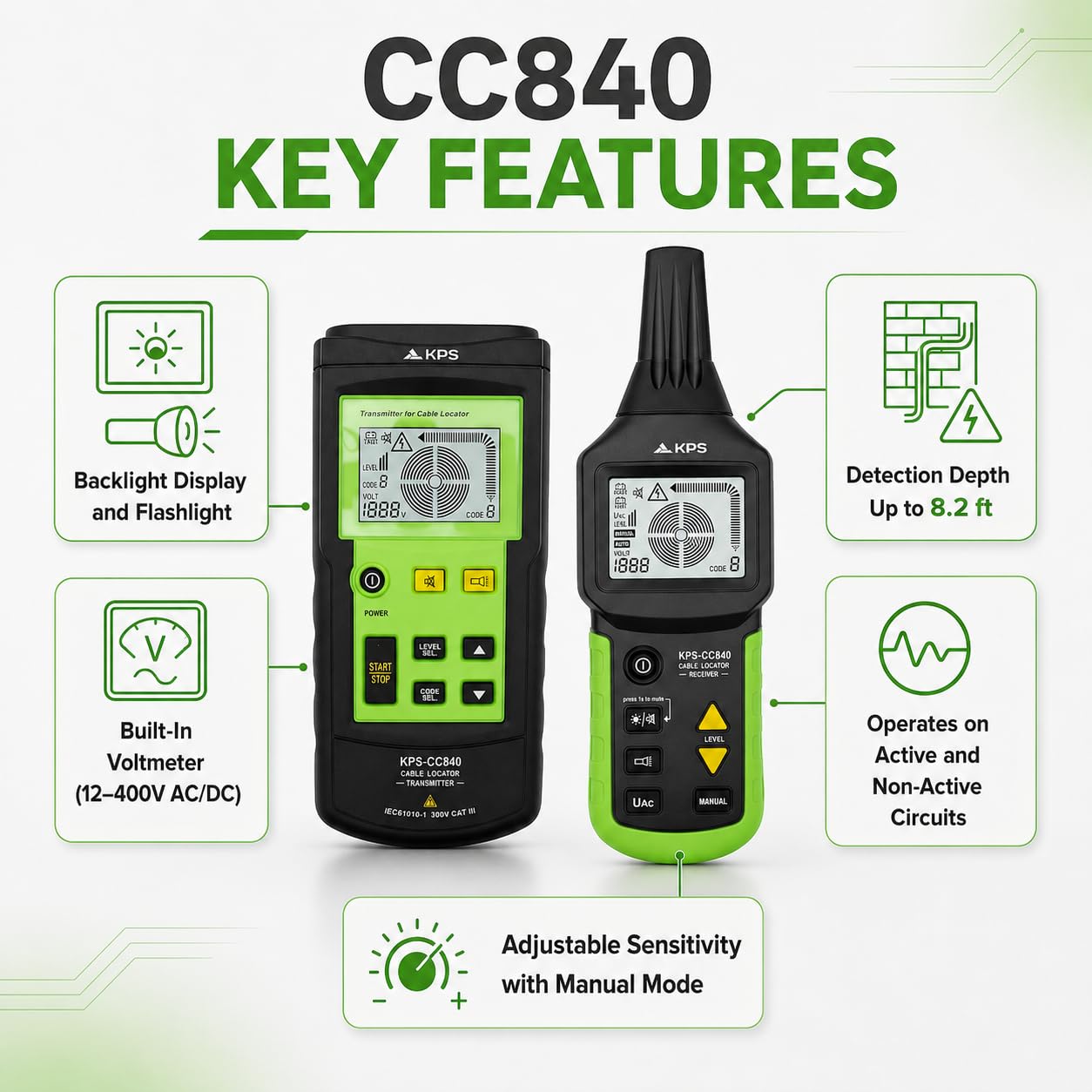 KPS CC840 Rilevatore Cavi e Tubi fino a 2,5 m LCD
