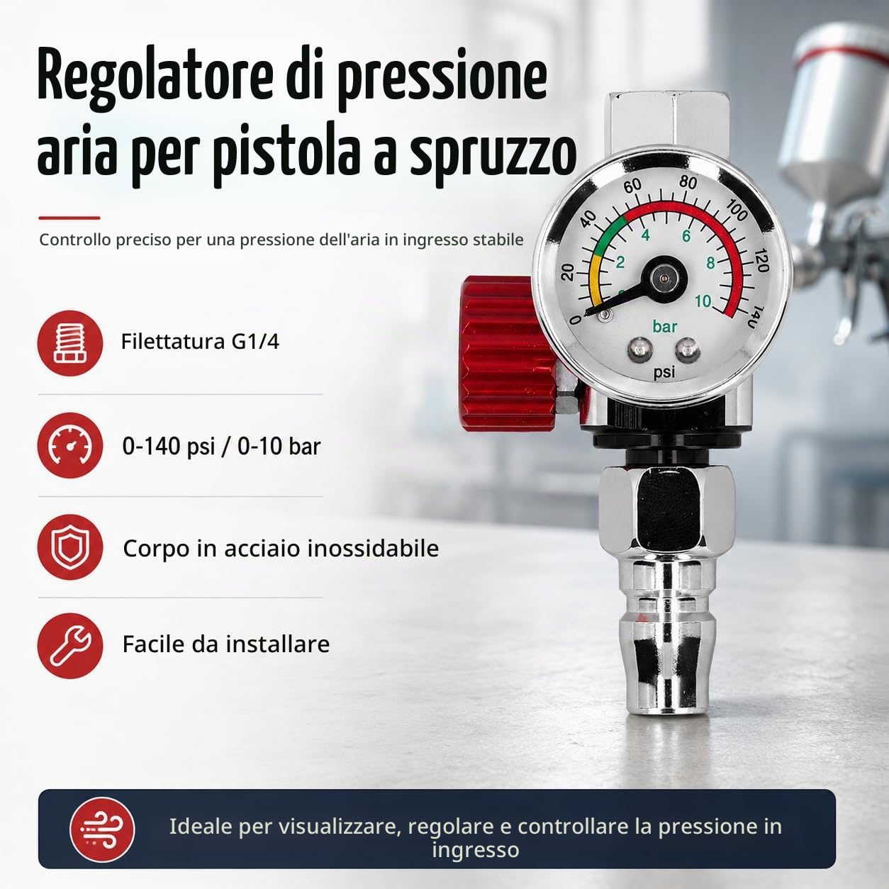 TICFOX regolatore aria G1/4 manometro 10 bar inox