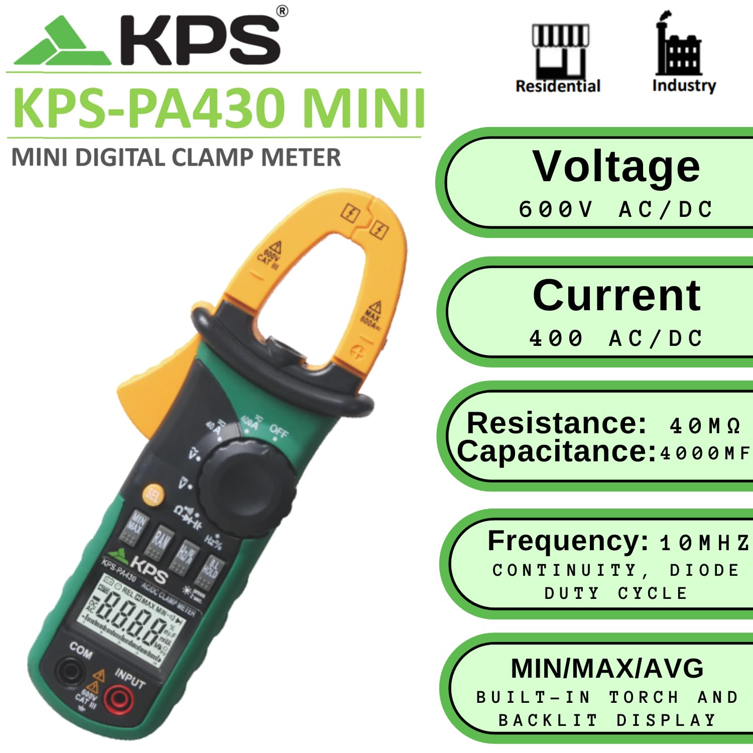 KPS PA430 pinza amperometrica AC/DC 400A 600V compatta