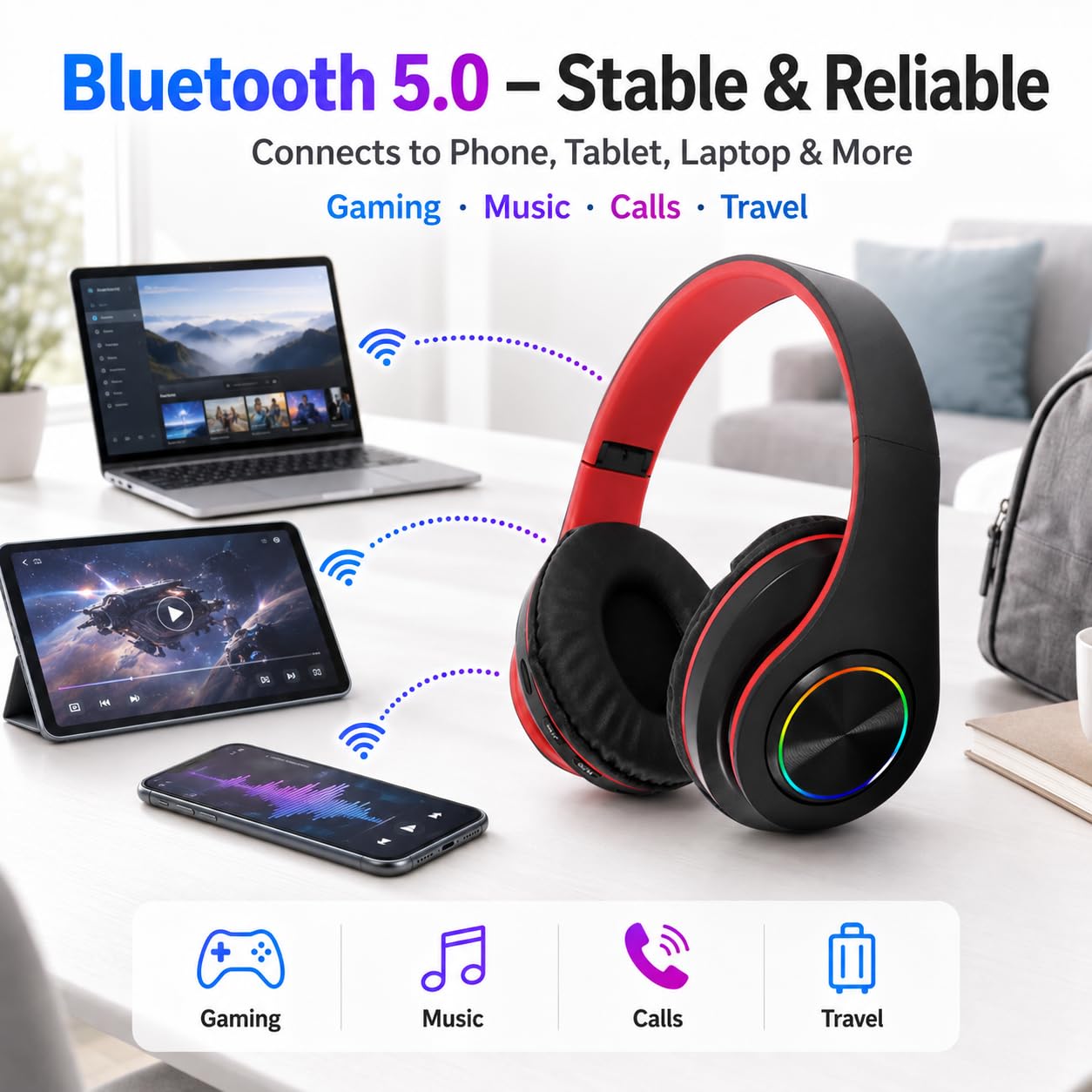 TICFOX Cuffie Bluetooth RGB Pieghevoli Nero-Rosso