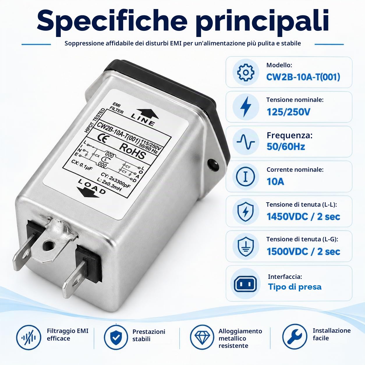 TICFOX CW2B-10A-T Filtro EMI Monofase 10A con Fusibile