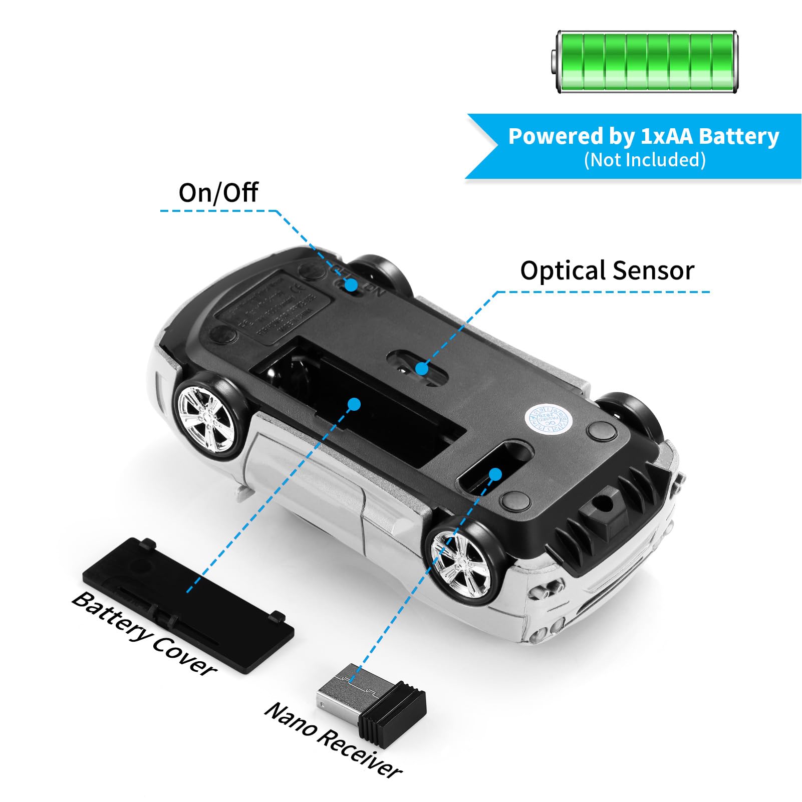 Ticfox mouse wireless auto sportiva argento 1600 DPI