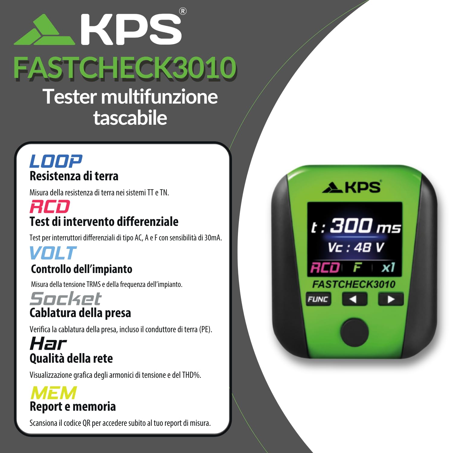 KPS FASTCHECK3010 Tester Multifunzione RCD Loop Prese App