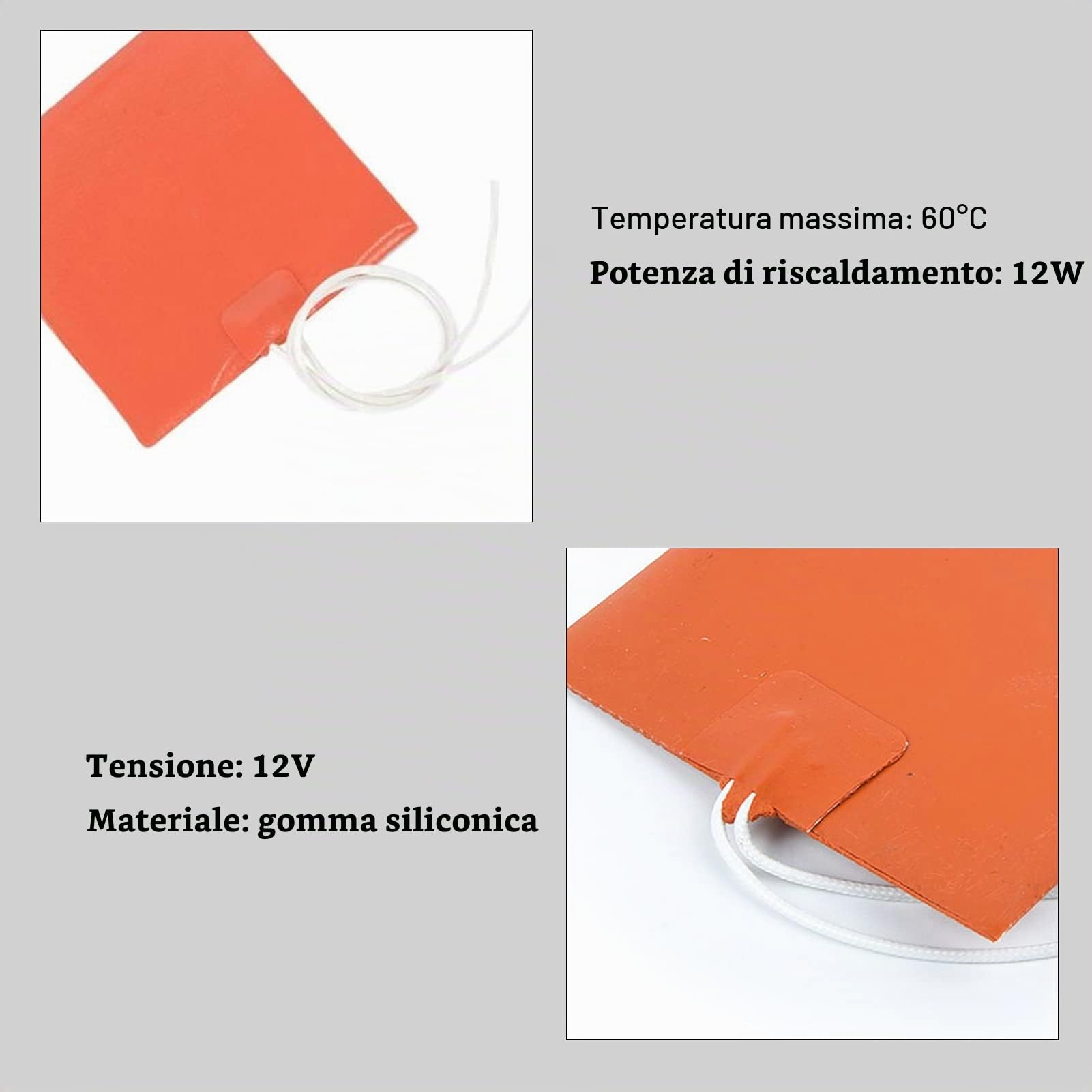TICFOX Piastra Riscaldante Silicone 100x120mm 12V 12W 60°C