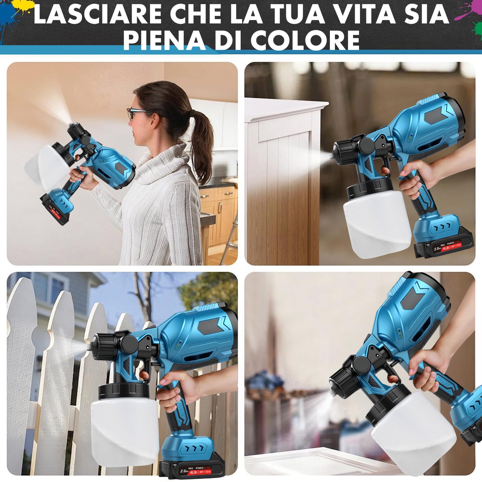 TICFOX Pistola a Spruzzo Batteria 1000 ml 3 Ugelli HVLP