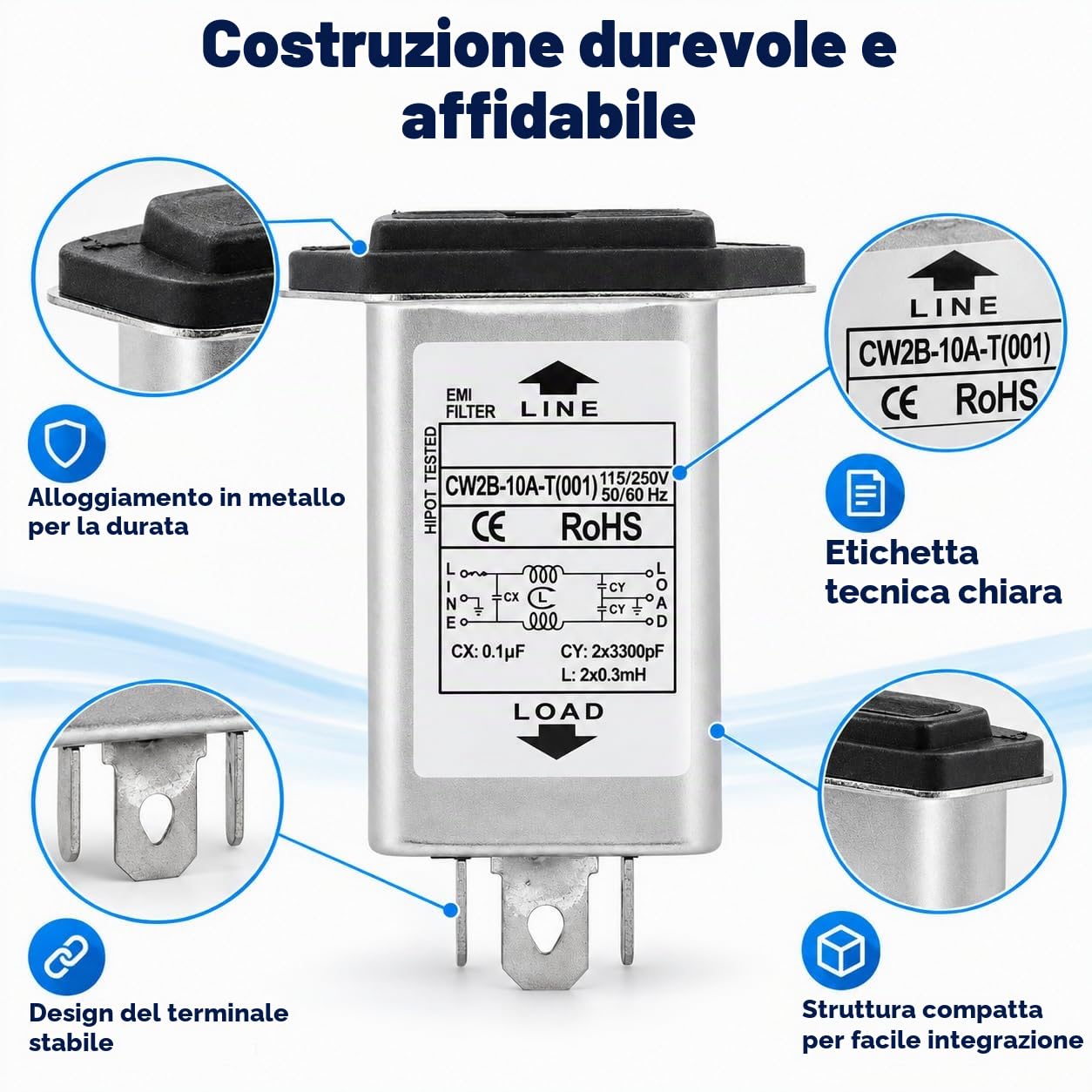 TICFOX CW2B-10A-T Filtro EMI Monofase 10A con Fusibile