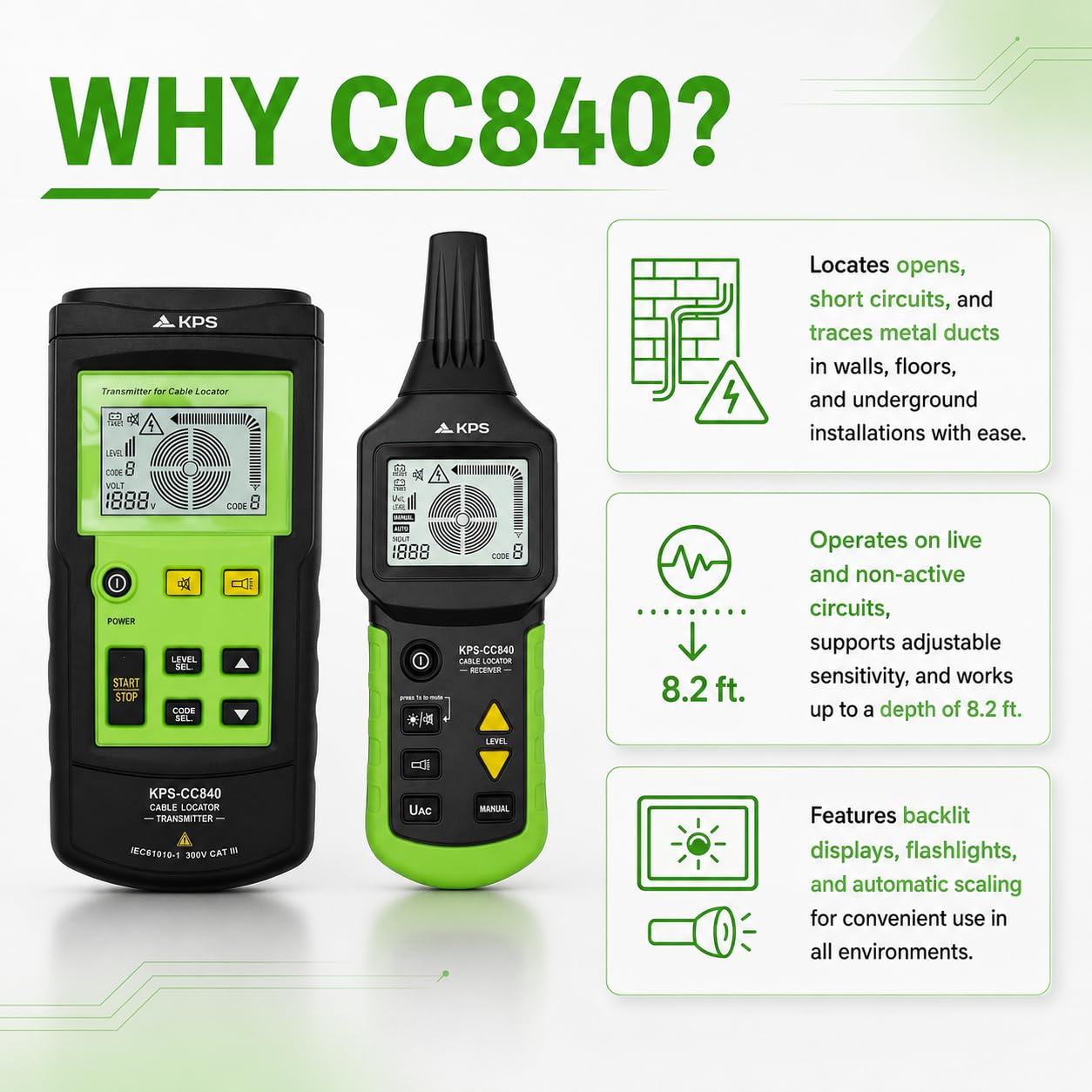 KPS CC840 Rilevatore Cavi e Tubi fino a 2,5 m LCD