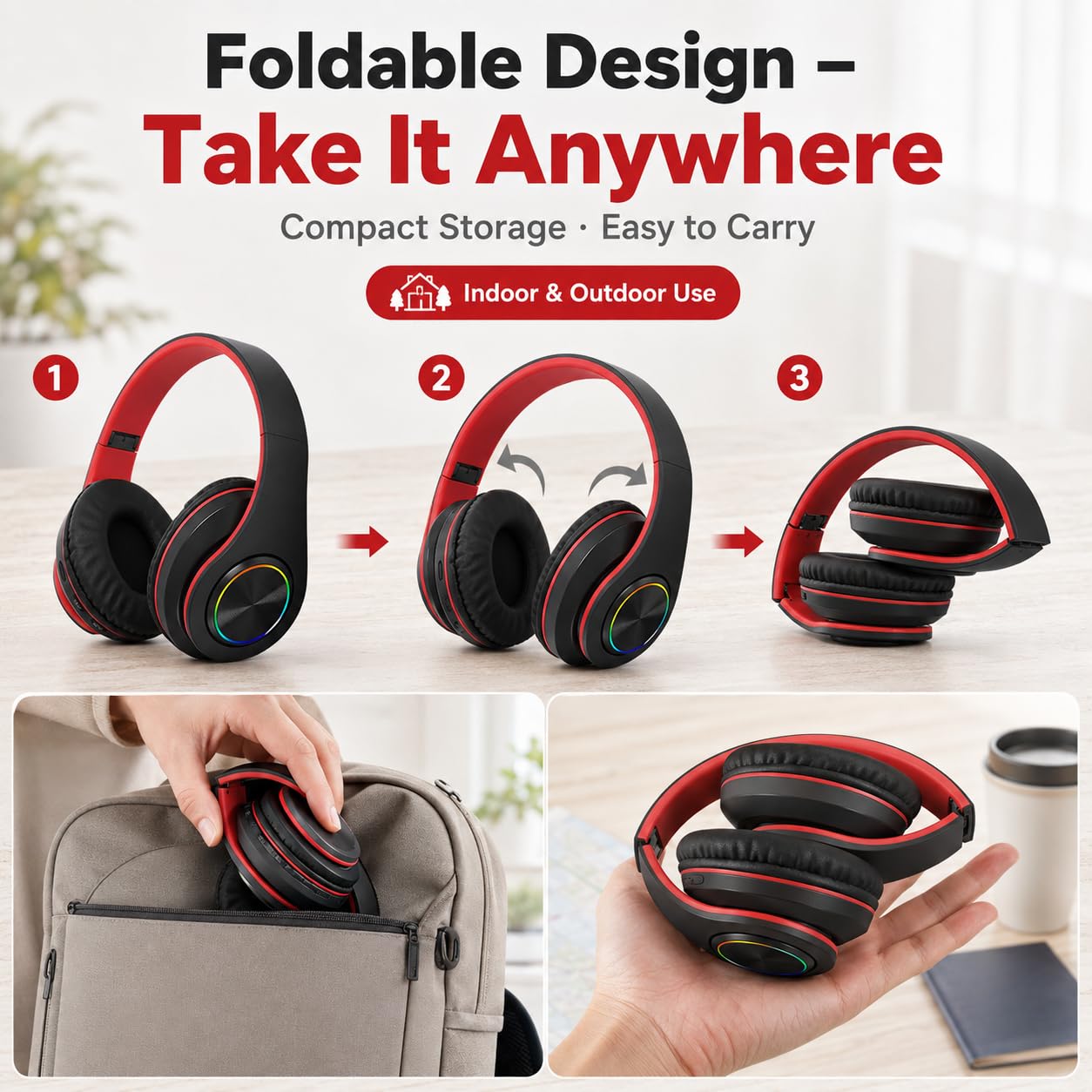 TICFOX Cuffie Bluetooth RGB Pieghevoli Nero-Rosso