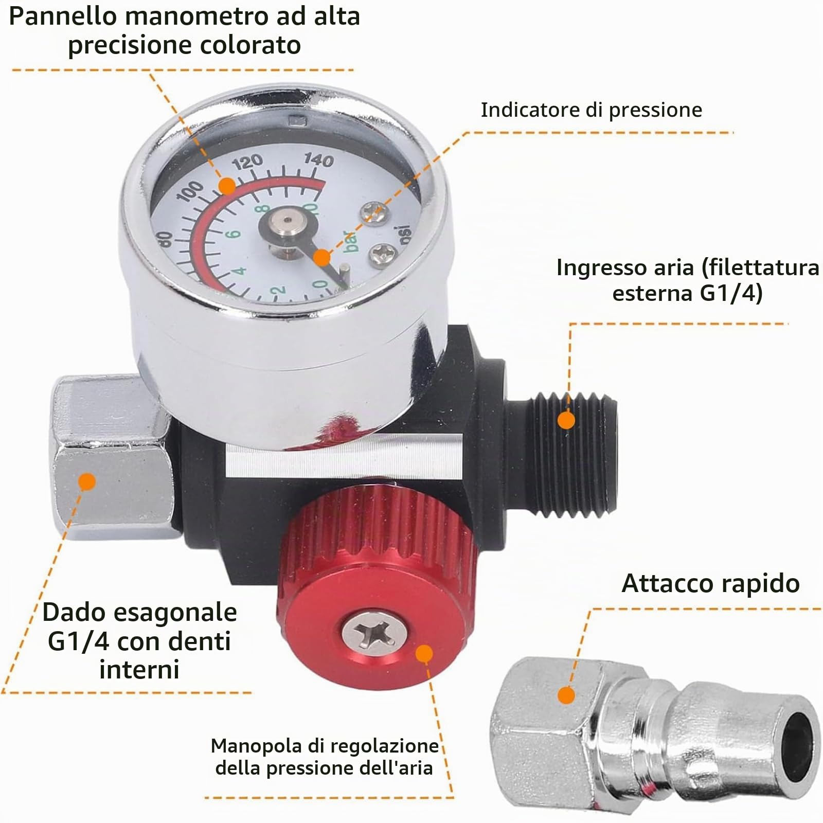 TICFOX regolatore aria G1/4 manometro 10 bar inox