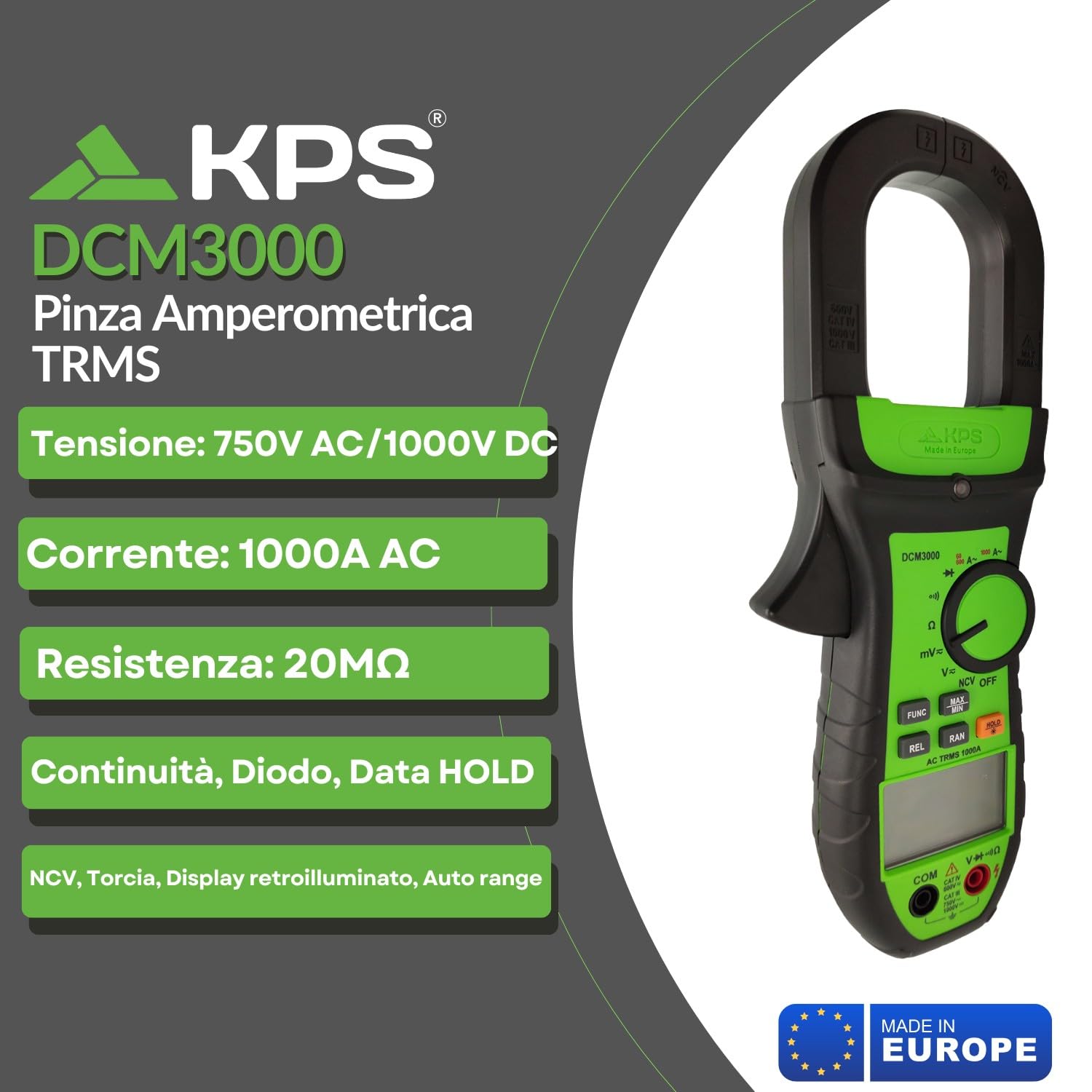 KPS DCM3000 Pinza Amperometrica 1000A TRMS 40mm CAT IV