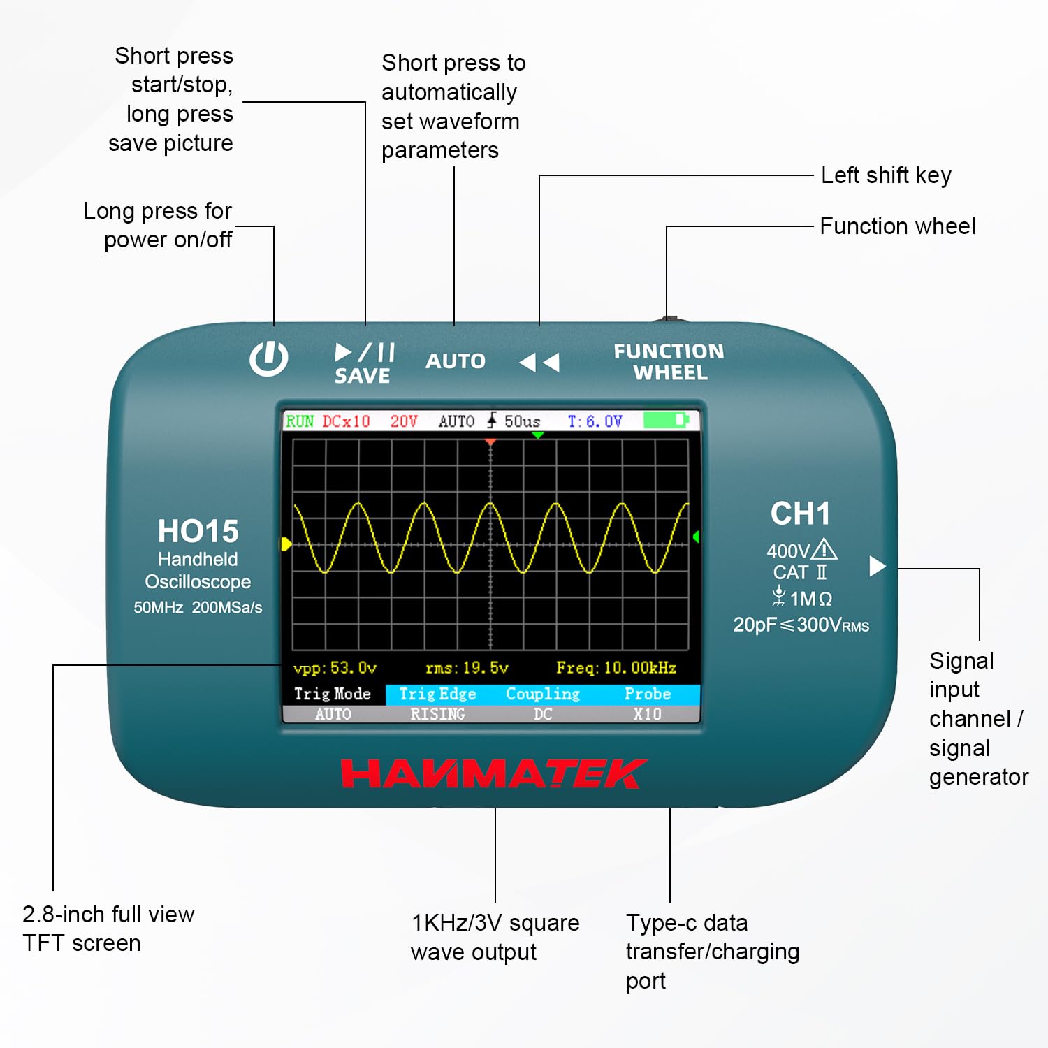 Hanmatek HO15 oscilloscopio portatile 50MHz tascabile