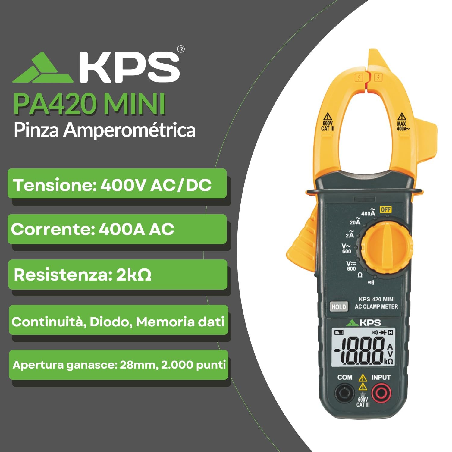 KPS PA420 pinza amperometrica digitale 400A 28 mm