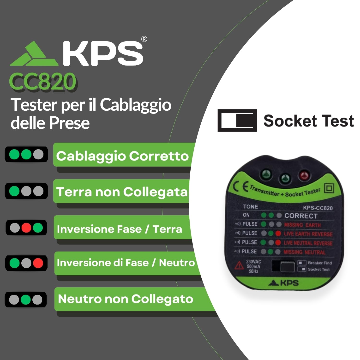 KPS CC820 tester prese Schuko localizzatore interruttori