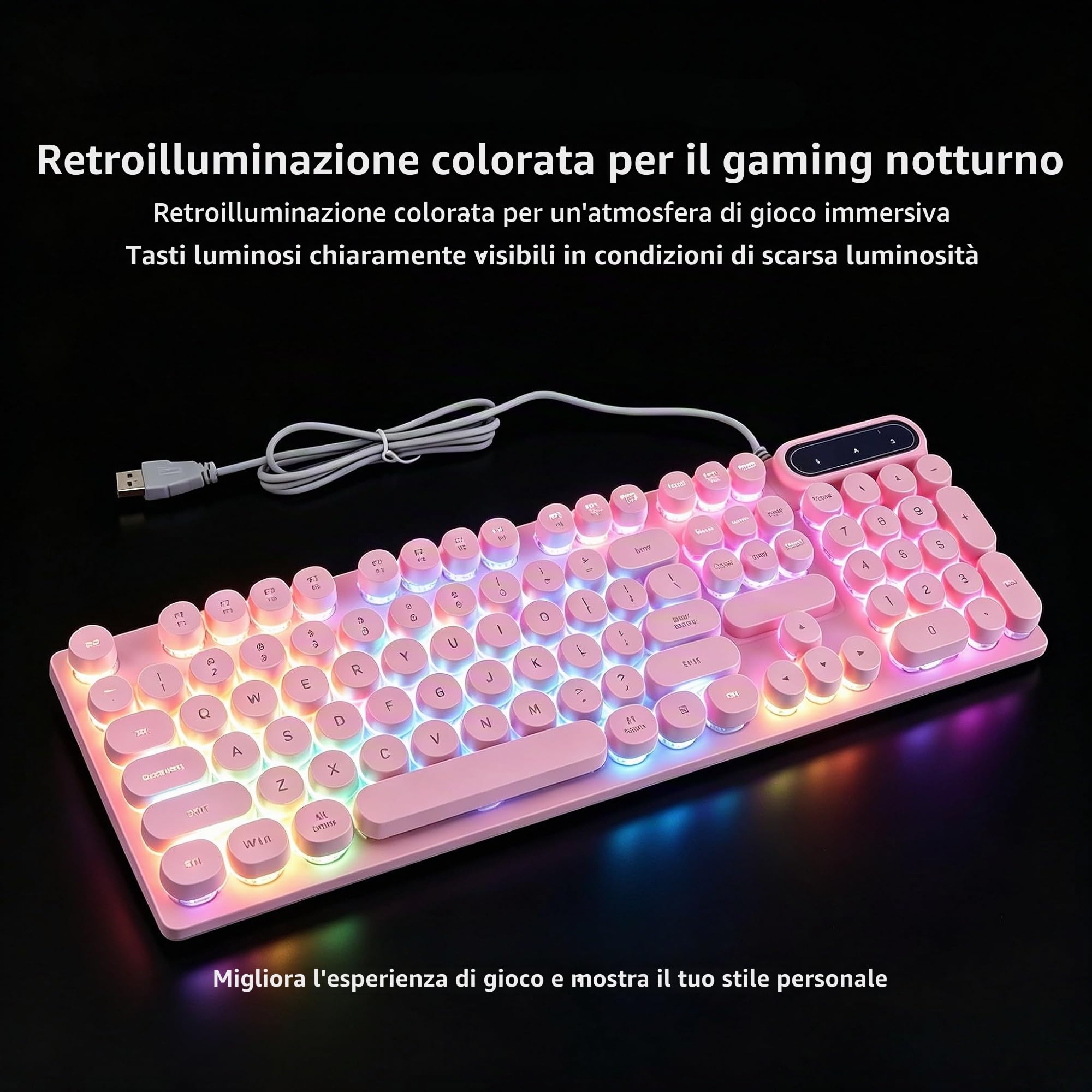 TICFOX Tastiera Gaming USB 104 Tasti Retroilluminata Rosa