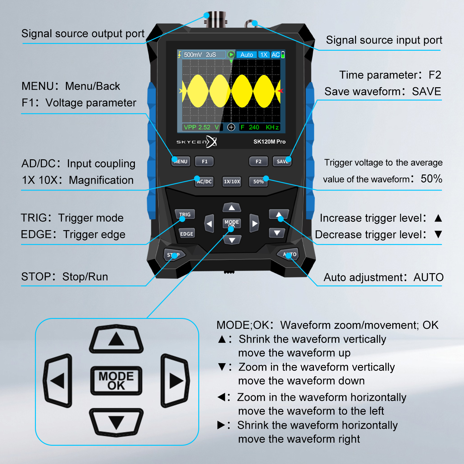 E-One SK120MPro oscilloscopio palmare 2in1 120 MHz DDS