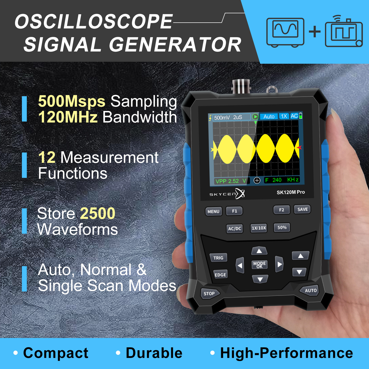 E-One SK120MPro oscilloscopio palmare 2in1 120 MHz DDS