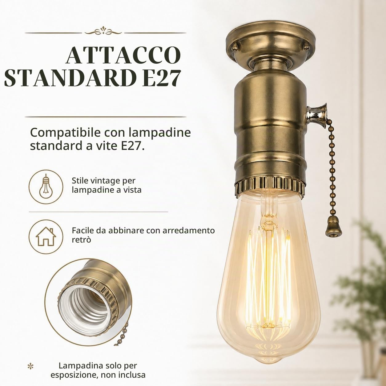 TICFOX Portalampada Vintage E27 Catena Bronzo Antico