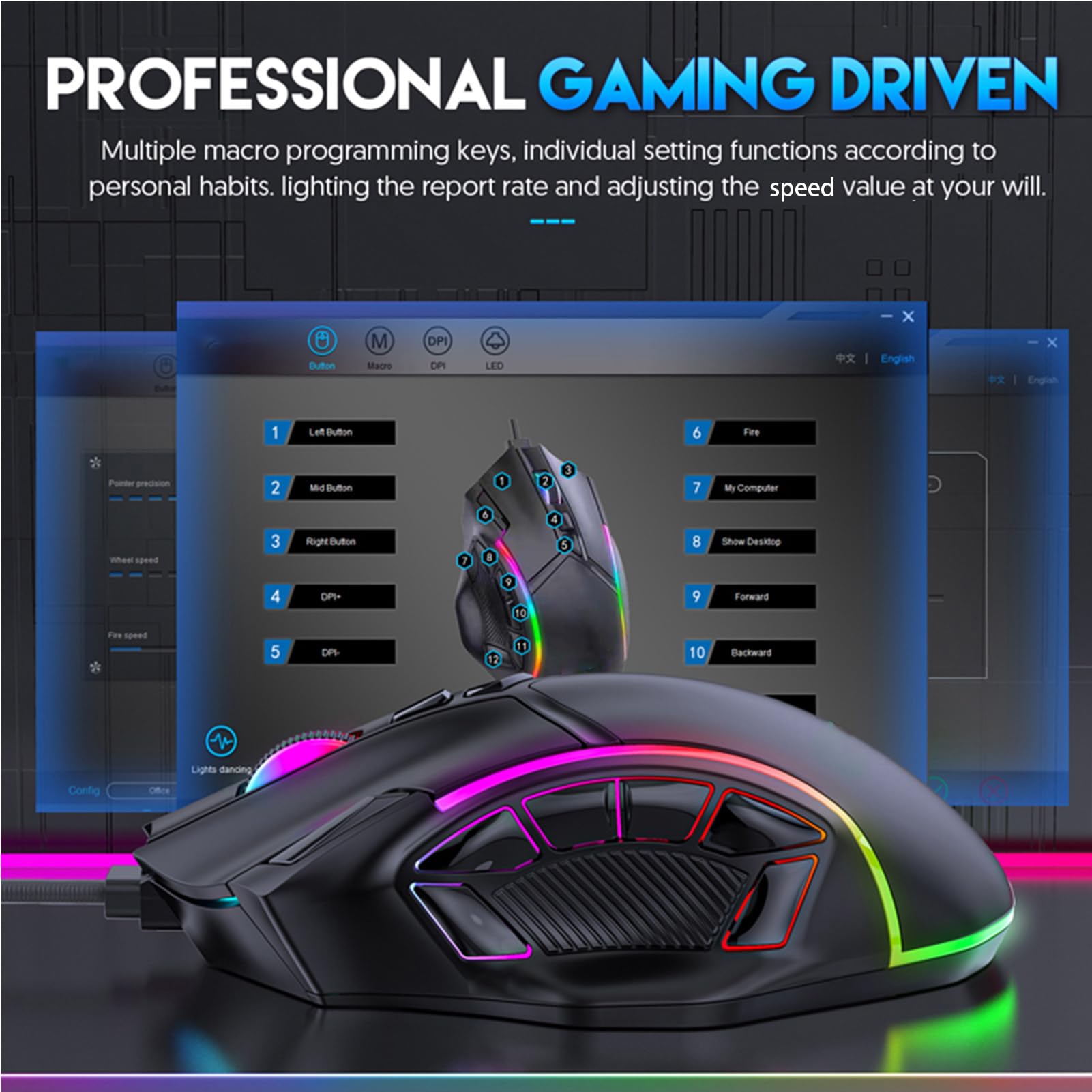TICFOX Mouse Gaming Cablato RGB Nero 12800 DPI 13 Tasti