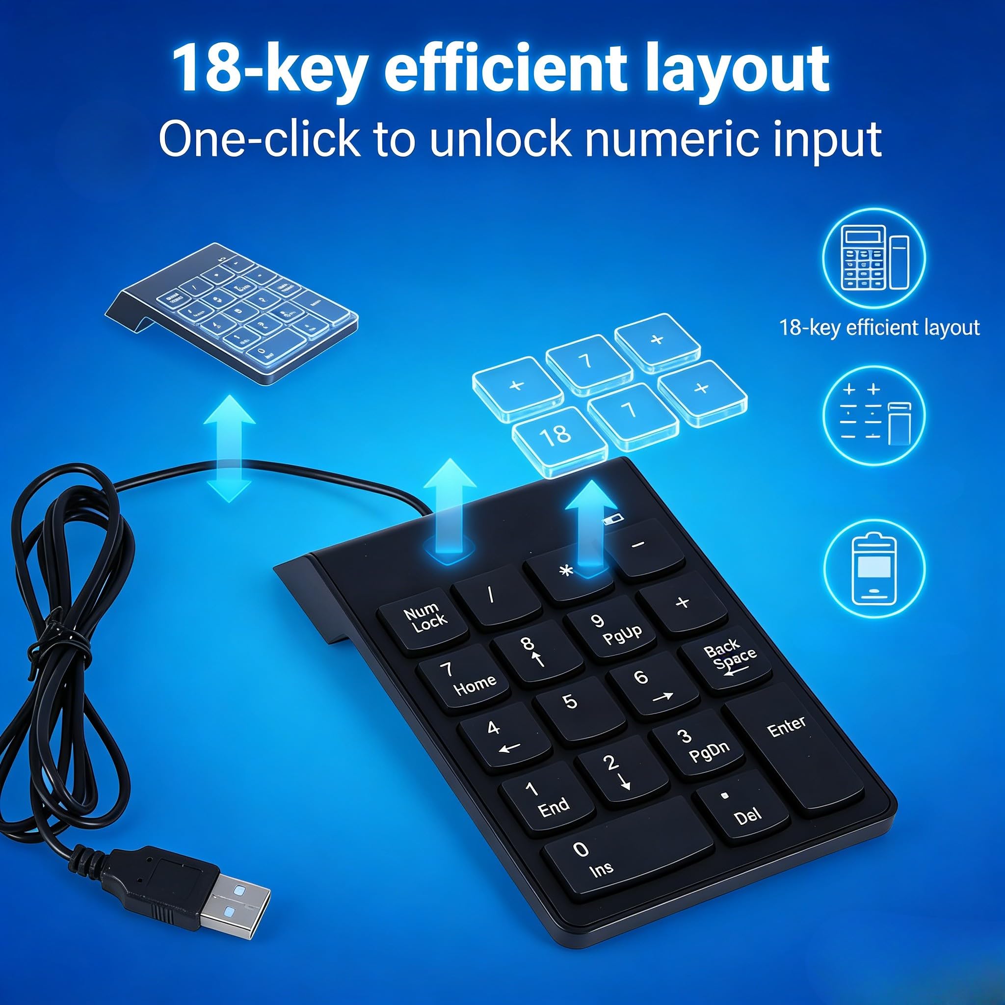 TICFOX Tastierino Numerico USB 18 Tasti Nero per Laptop