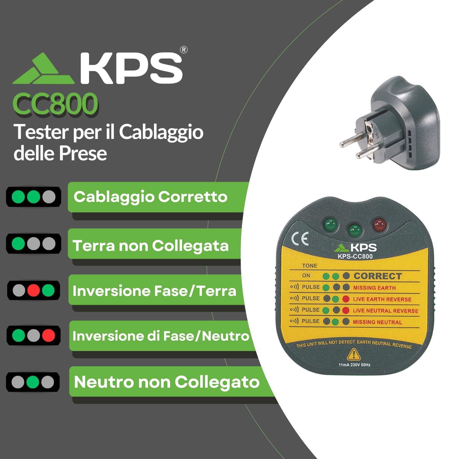 KPS CC800 Tester Prese 230V Schuko con LED e Cicalino
