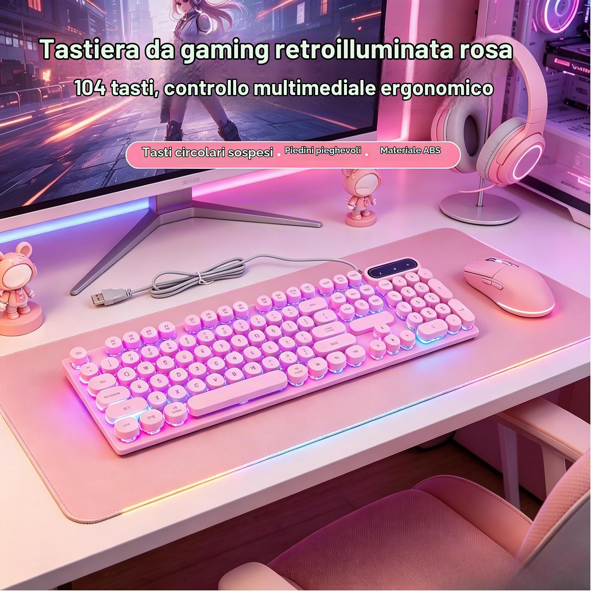 TICFOX Tastiera Gaming USB 104 Tasti Retroilluminata Rosa