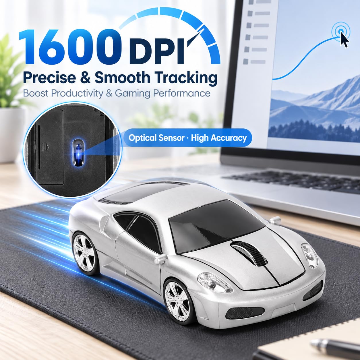Ticfox mouse wireless auto sportiva argento 1600 DPI