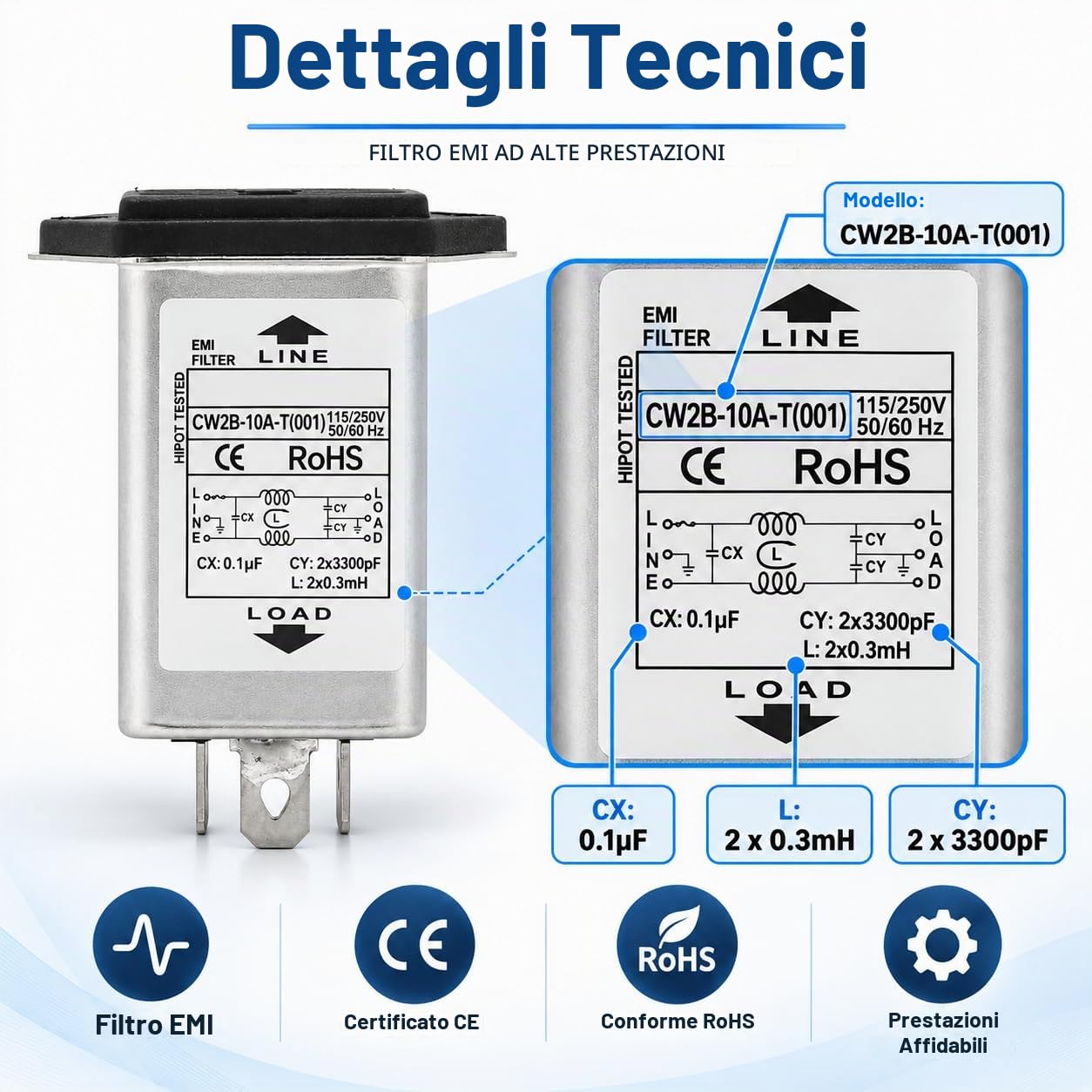 TICFOX CW2B-10A-T Filtro EMI Monofase 10A con Fusibile