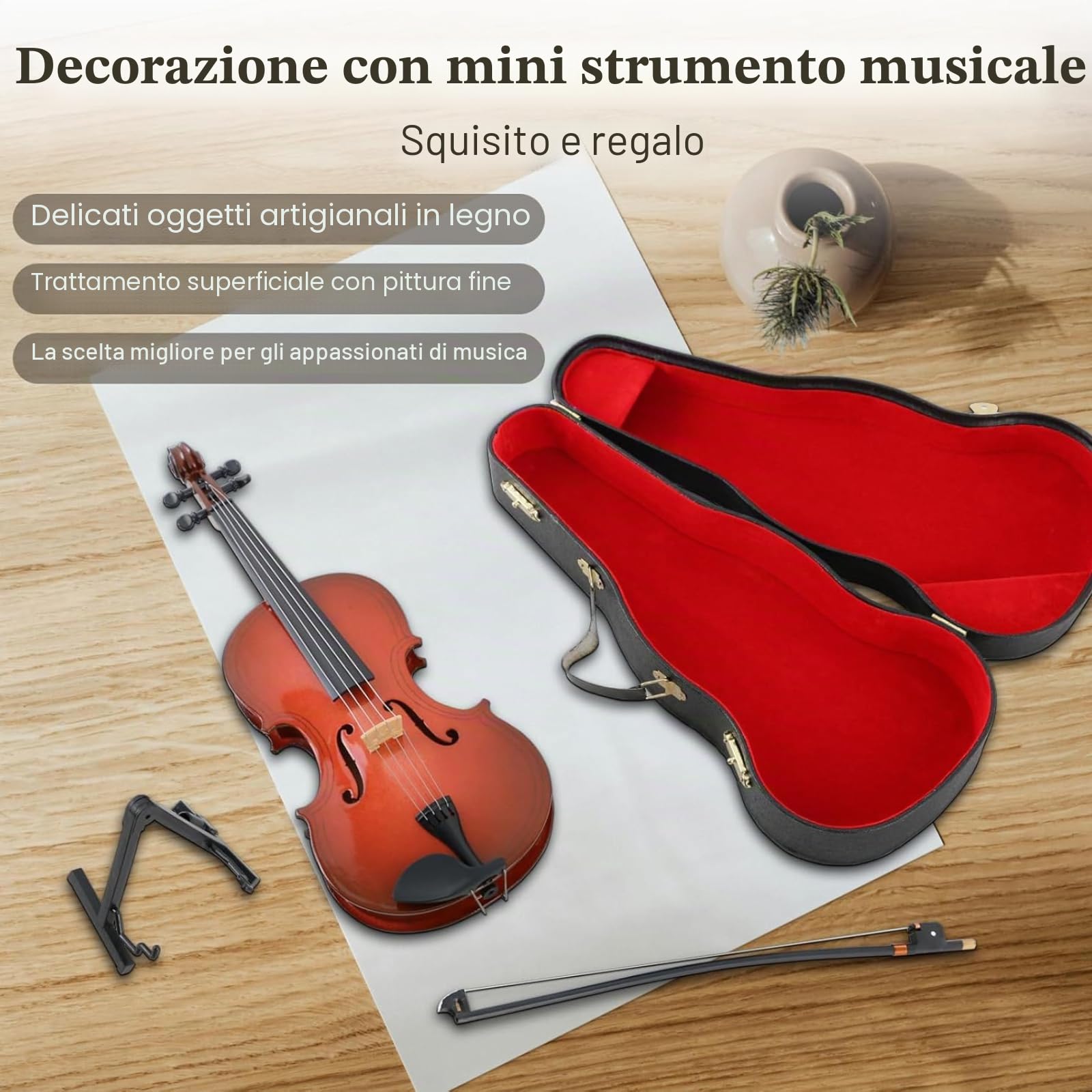 Ticfox Modello Mini Violino Legno con Supporto Nero