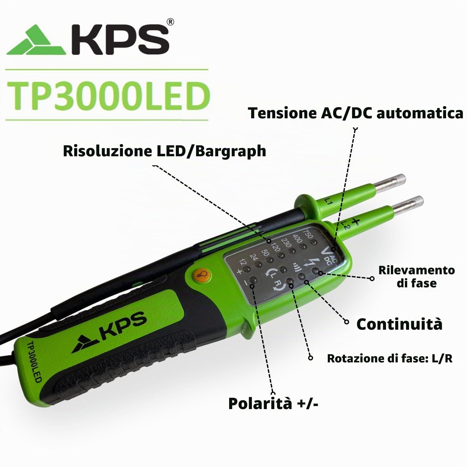 KPS TP3000LED tester tensione TRMS 750V con test RCD