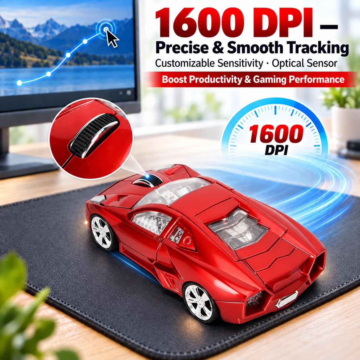 Ticfox mouse wireless auto sportiva rosso 1600 DPI