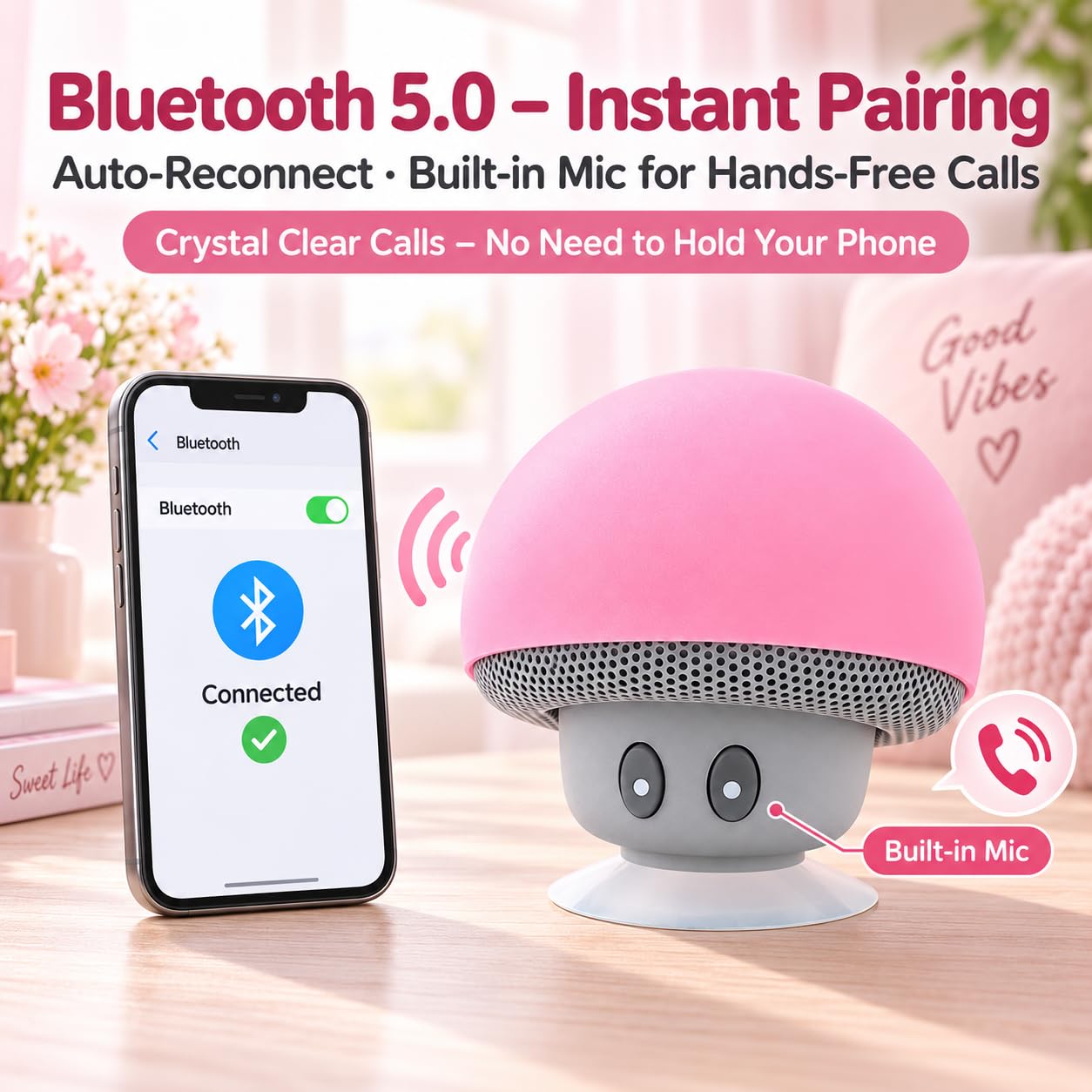 Ticfox altoparlante bluetooth fungo rosa con ventosa