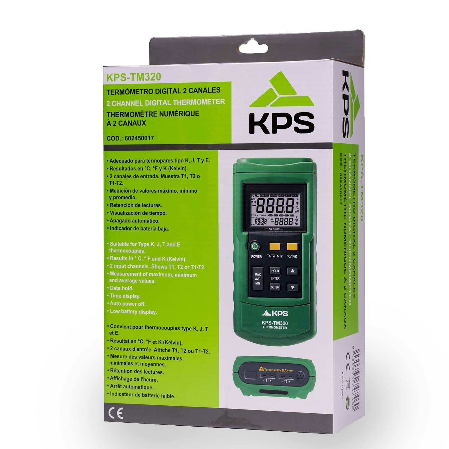 KPS TM320 termometro digitale 2 canali termocoppia J/K/T/E