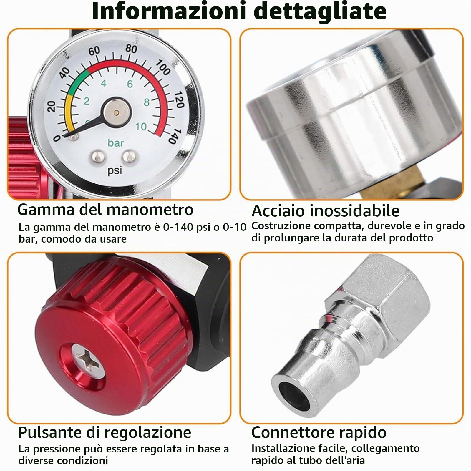 TICFOX regolatore aria G1/4 manometro 10 bar inox