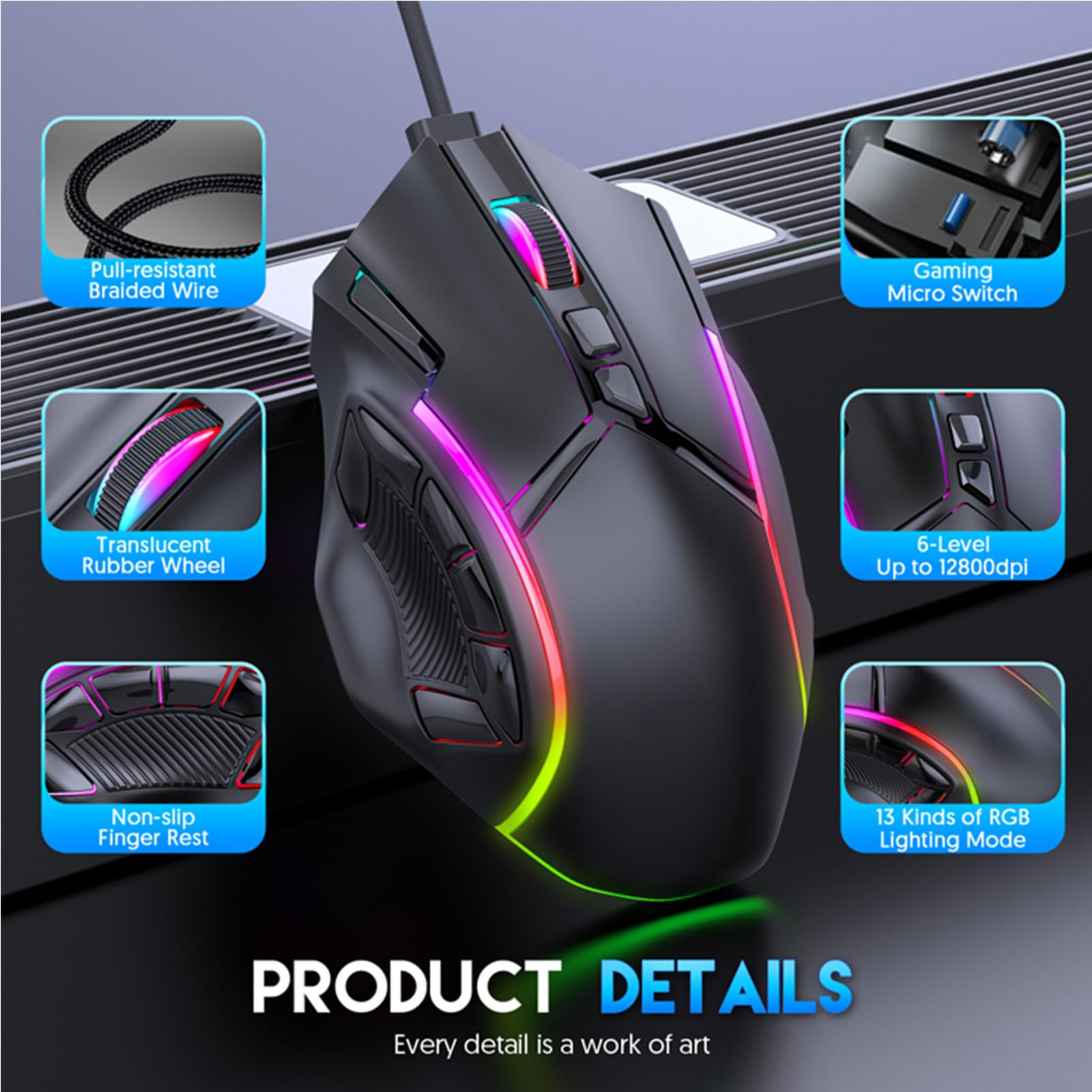 TICFOX Mouse Gaming Cablato RGB Nero 12800 DPI 13 Tasti