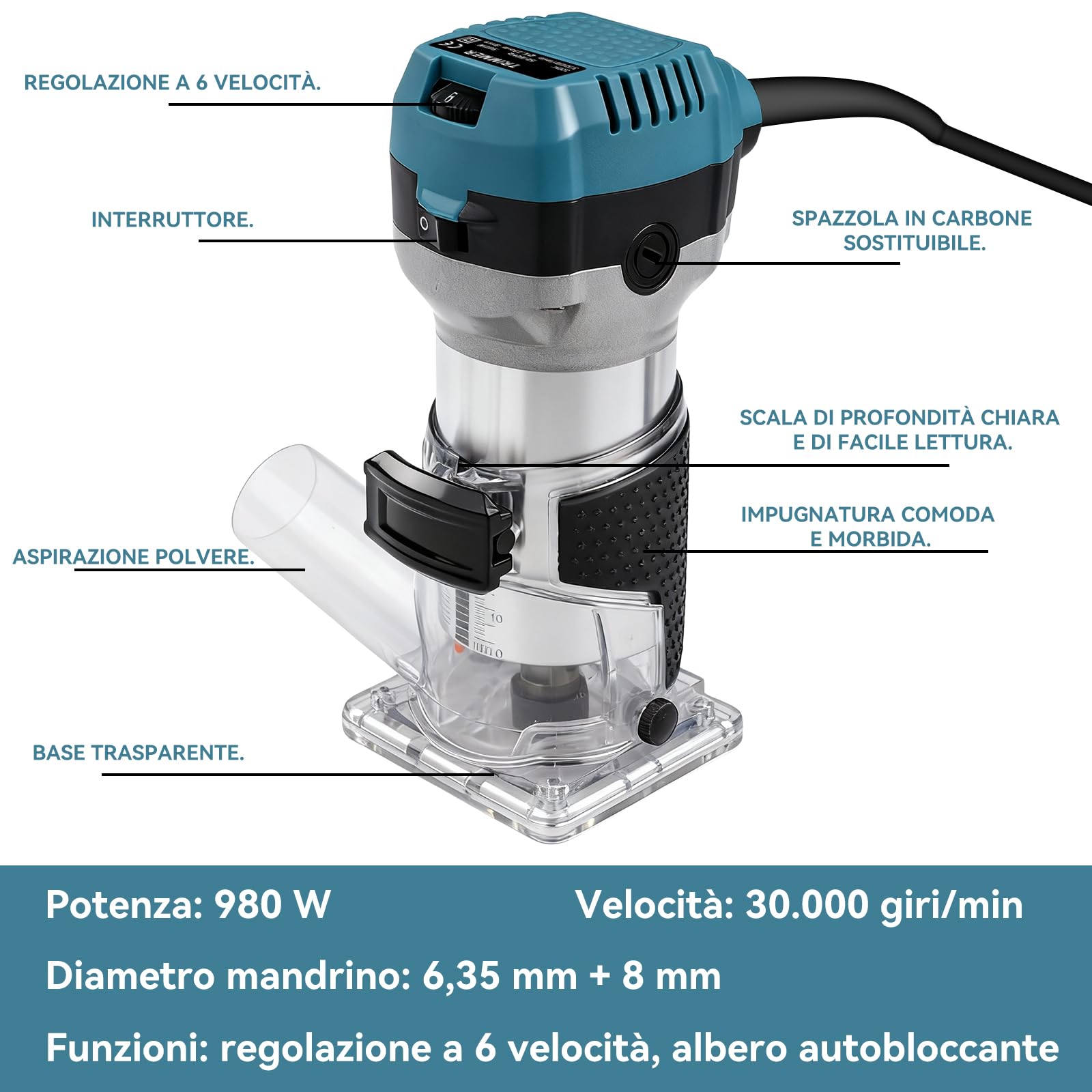 TICFOX Fresatrice Verticale Legno 800W 6 Velocità con 16 Frese