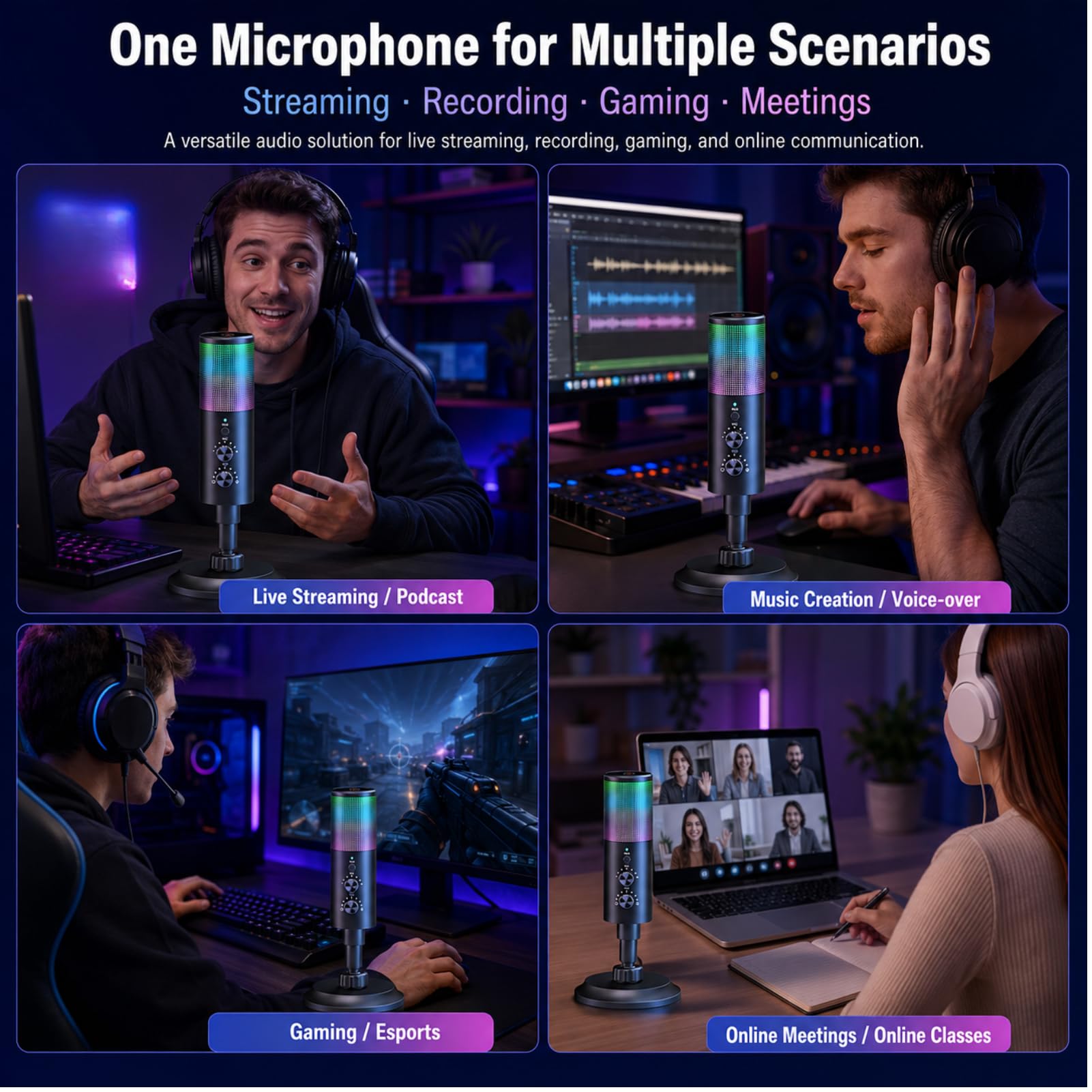 TICFOX Microfono USB Cardioide RGB 192kHz per Streaming