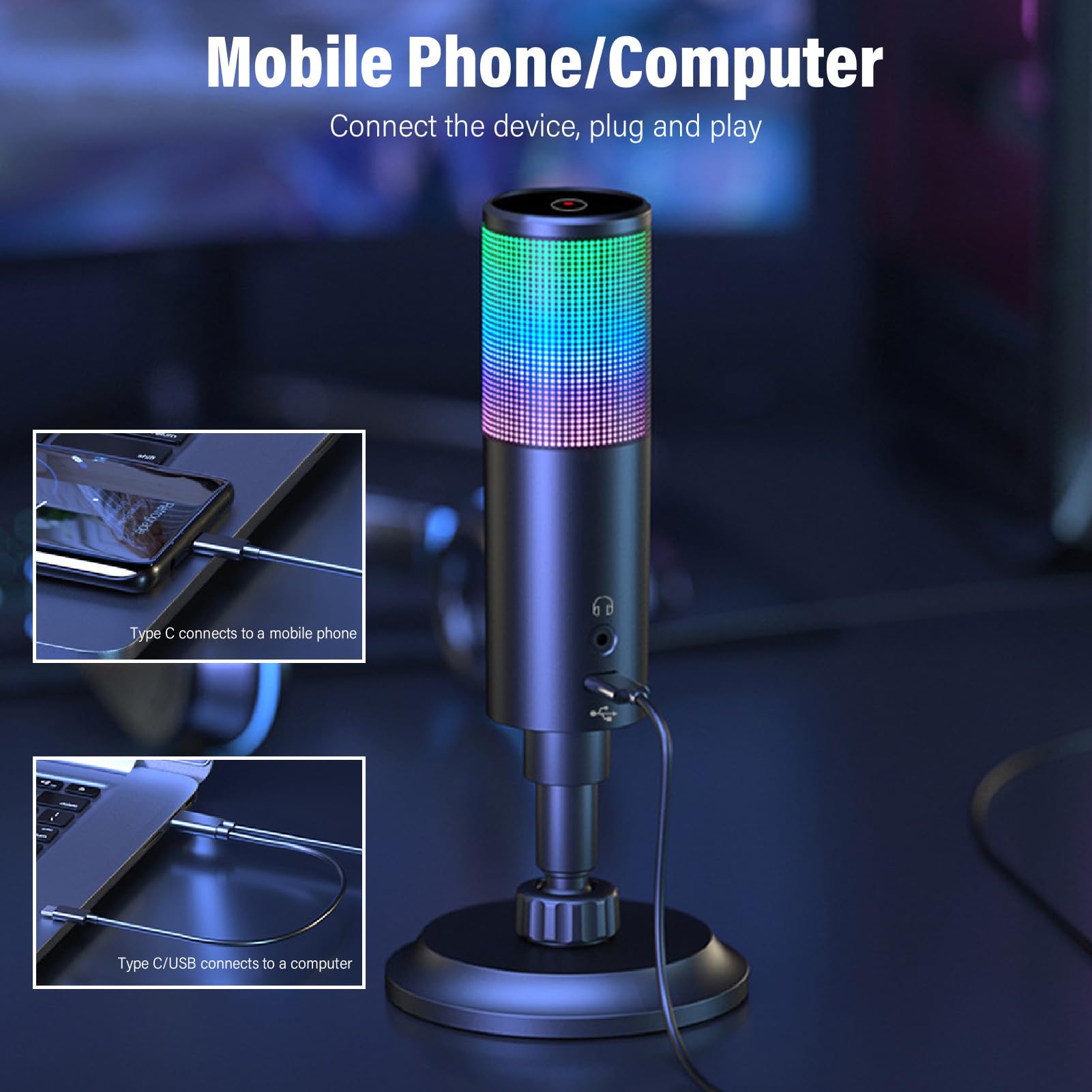 TICFOX Microfono USB Cardioide RGB 192kHz per Streaming
