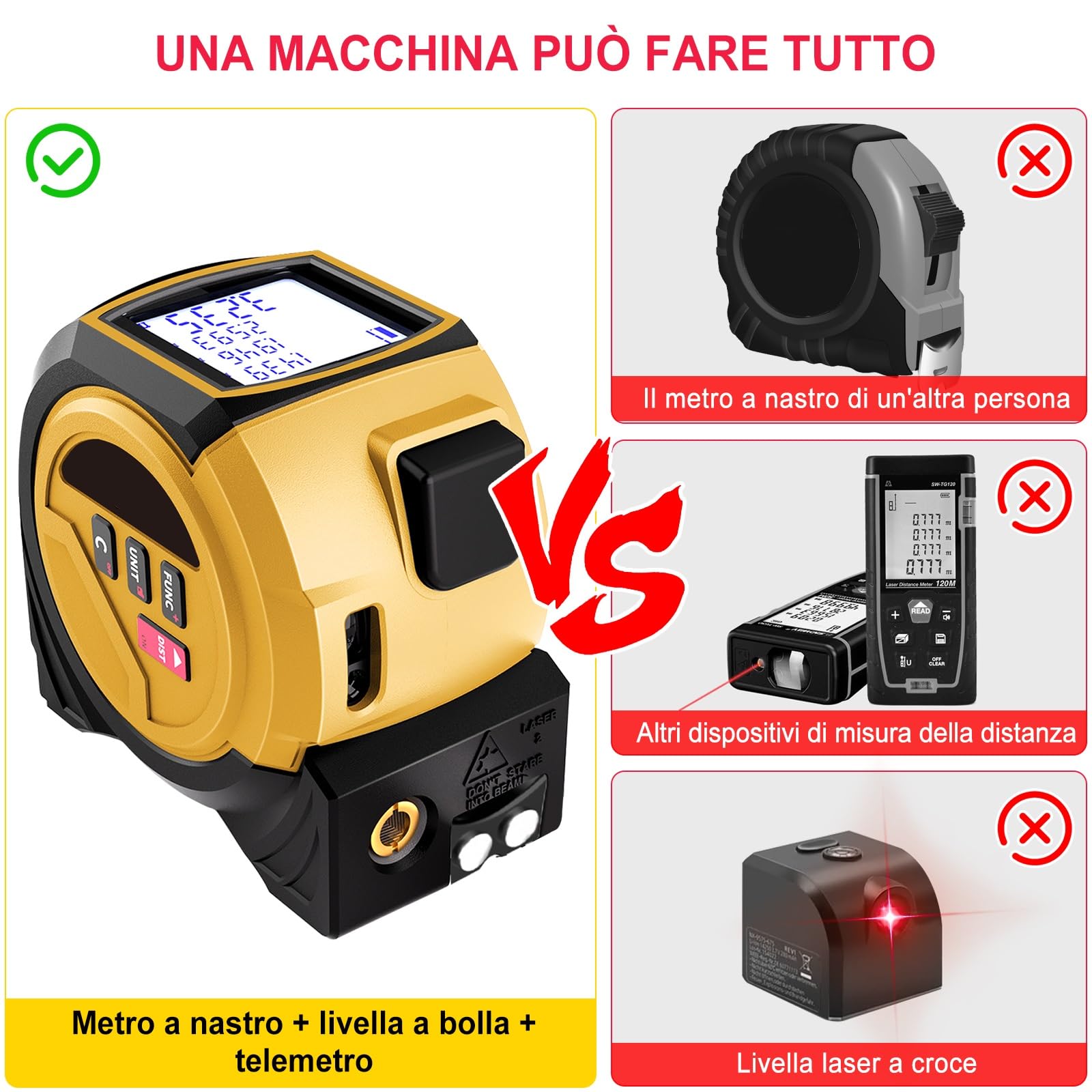 TICFOX 3 in 1 40 m telemetro laser con nastro 5 m