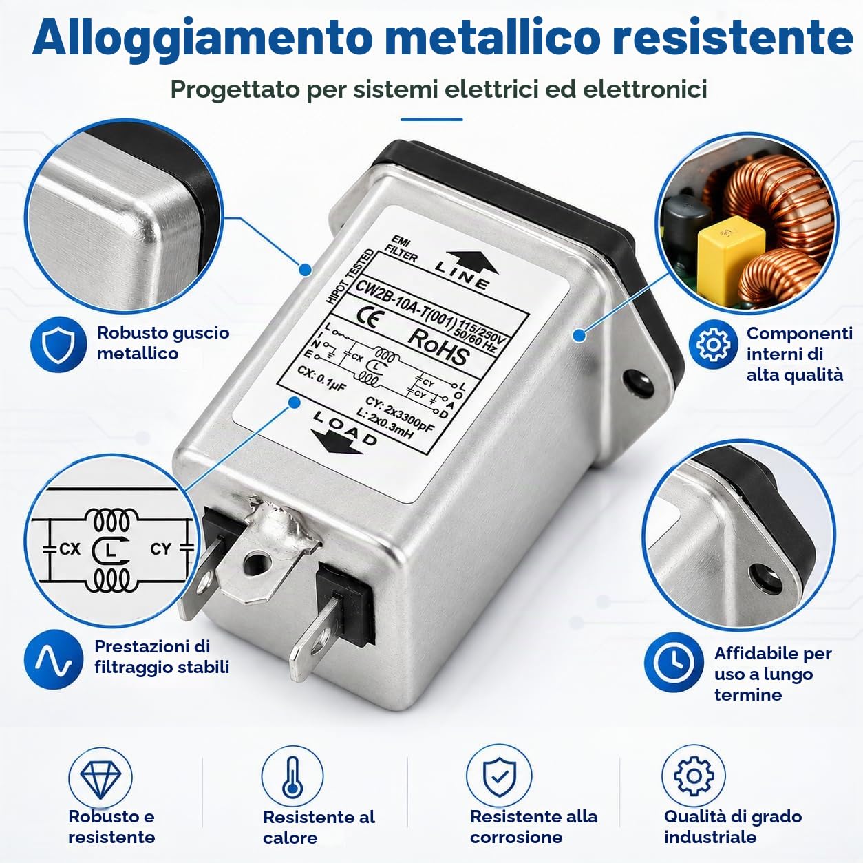 TICFOX CW2B-10A-T Filtro EMI Monofase 10A con Fusibile