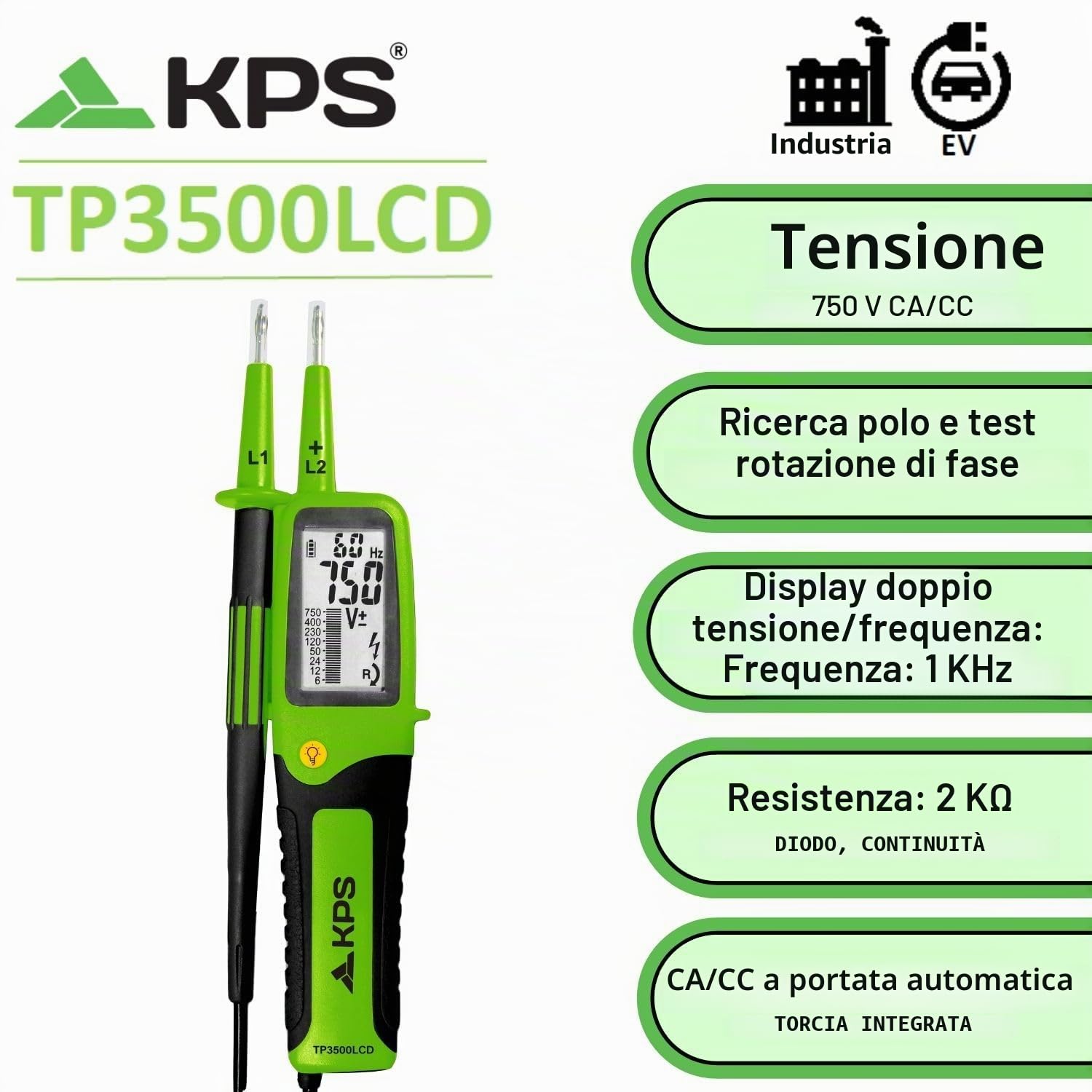 KPS TP3500LCD tester tensione 2 poli 750V TRMS