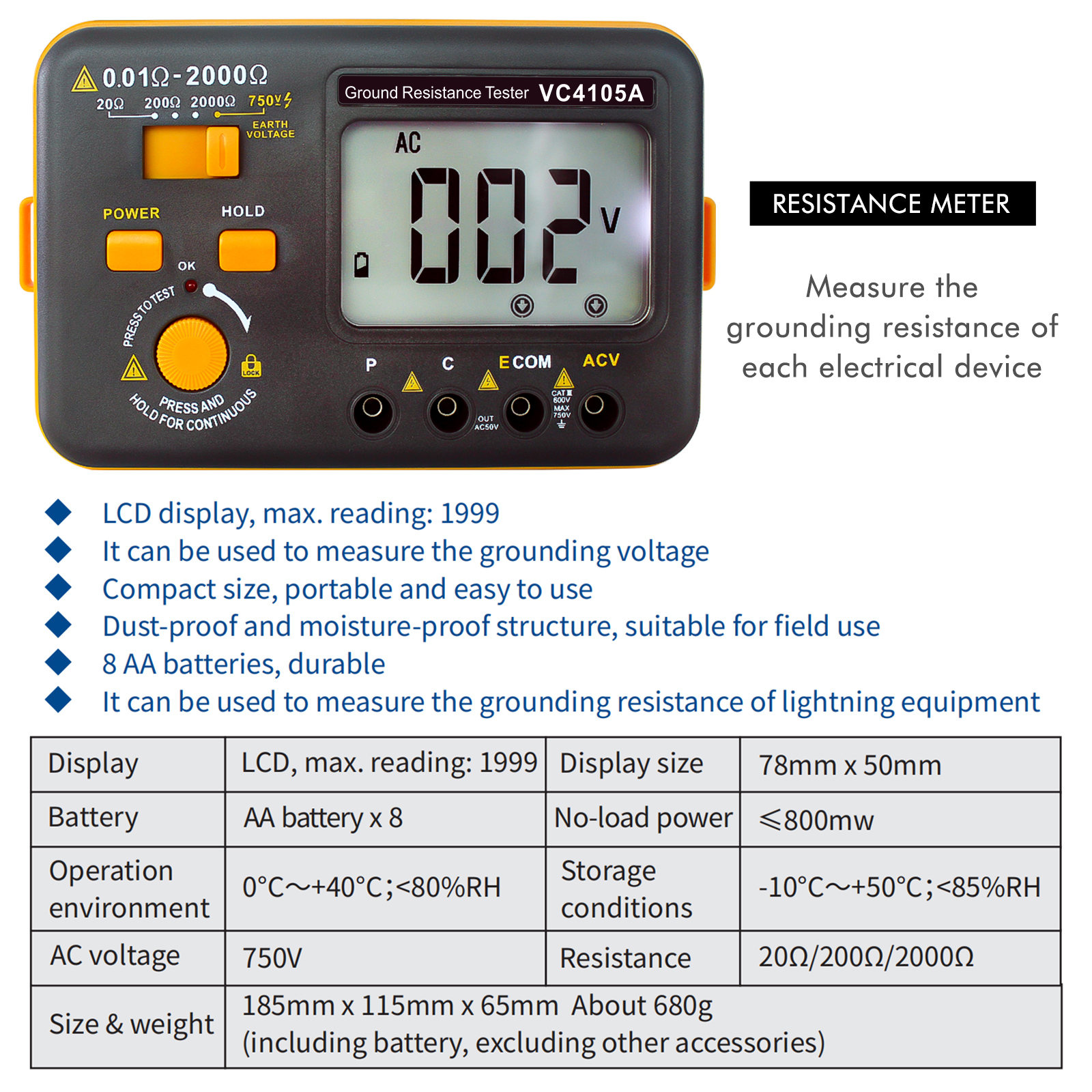 E-One VC4105A tester resistenza terra 2000 ohm 750V