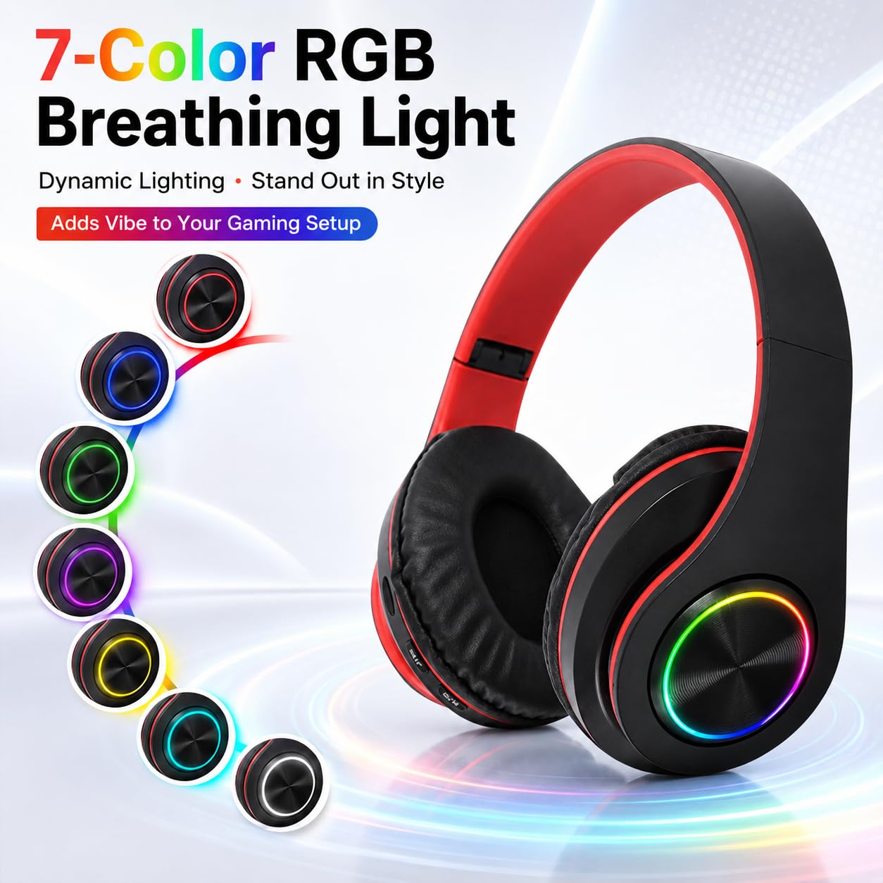 TICFOX Cuffie Bluetooth RGB Pieghevoli Nero-Rosso